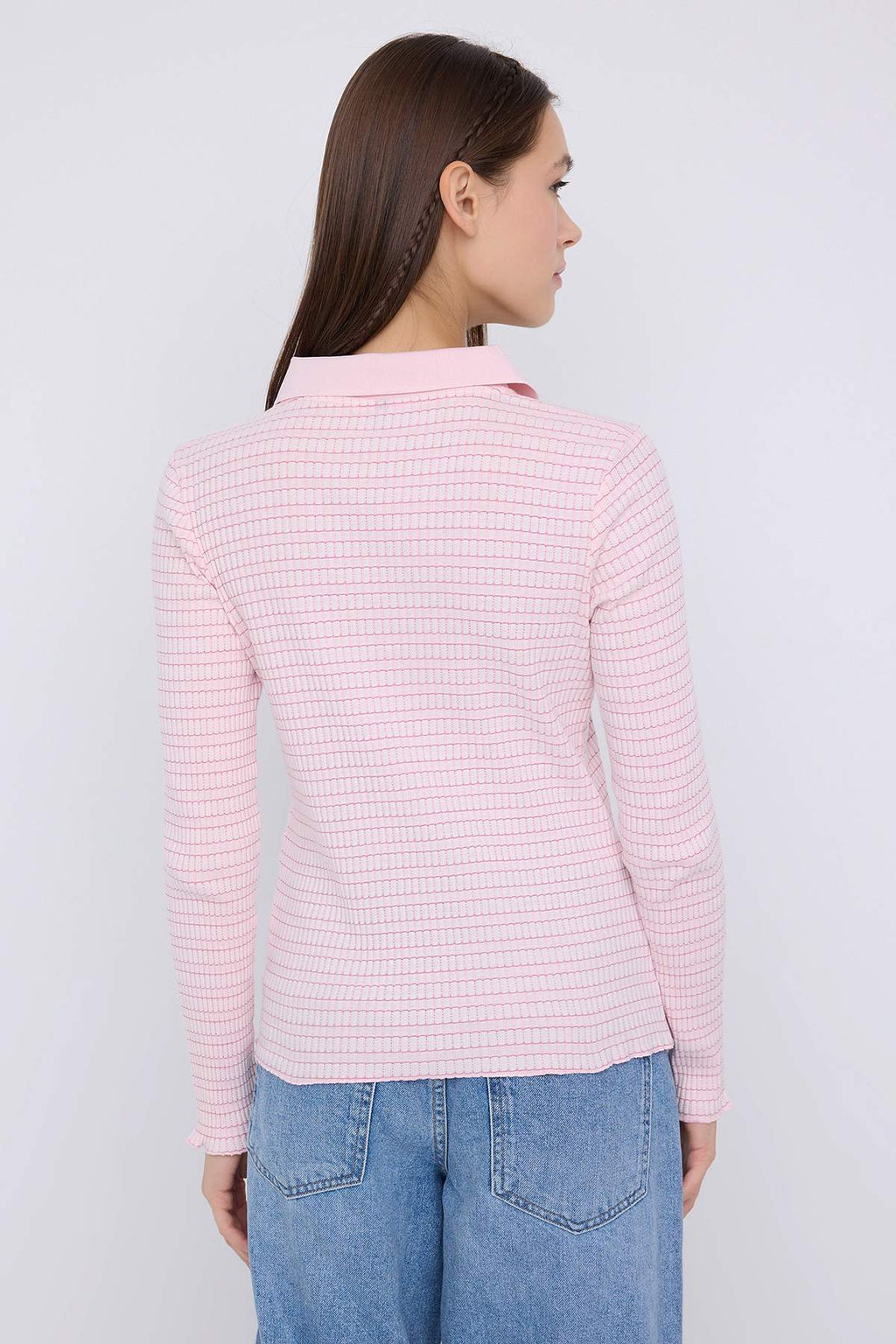 Pembe Fitted/Vucuda Oturan Uzun Kollu Polo Yaka Yar?m Partl? Jakarl? Esnek Orme Bluz TWOAW26BZ00114 - Trendyolmilla фото 8