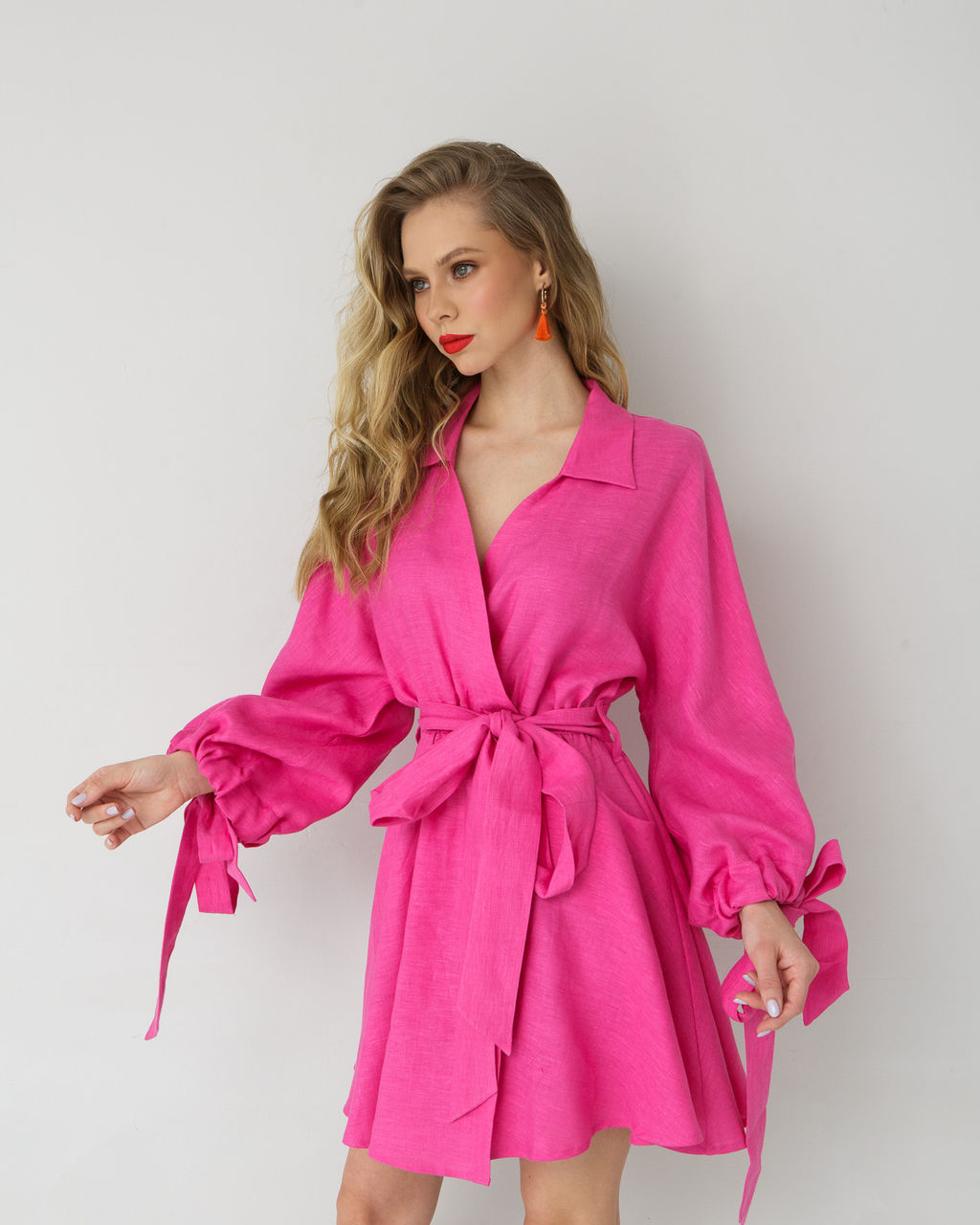 Платье льняное фуксия 26004