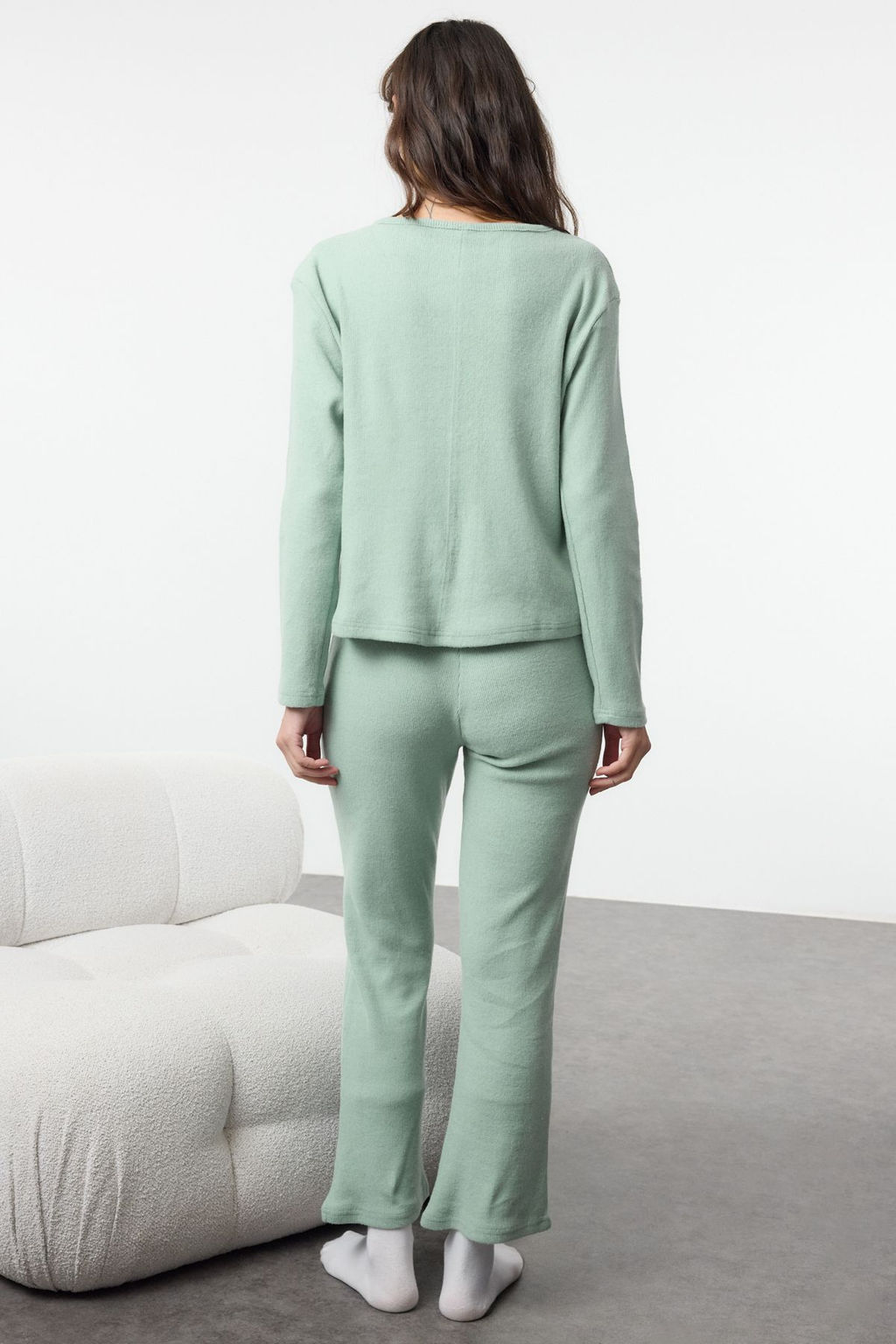 Mint Pamuklu F?rcal? Soft Fitilli H?rka Orme Pijama Tak?m? THMAW25PT00074