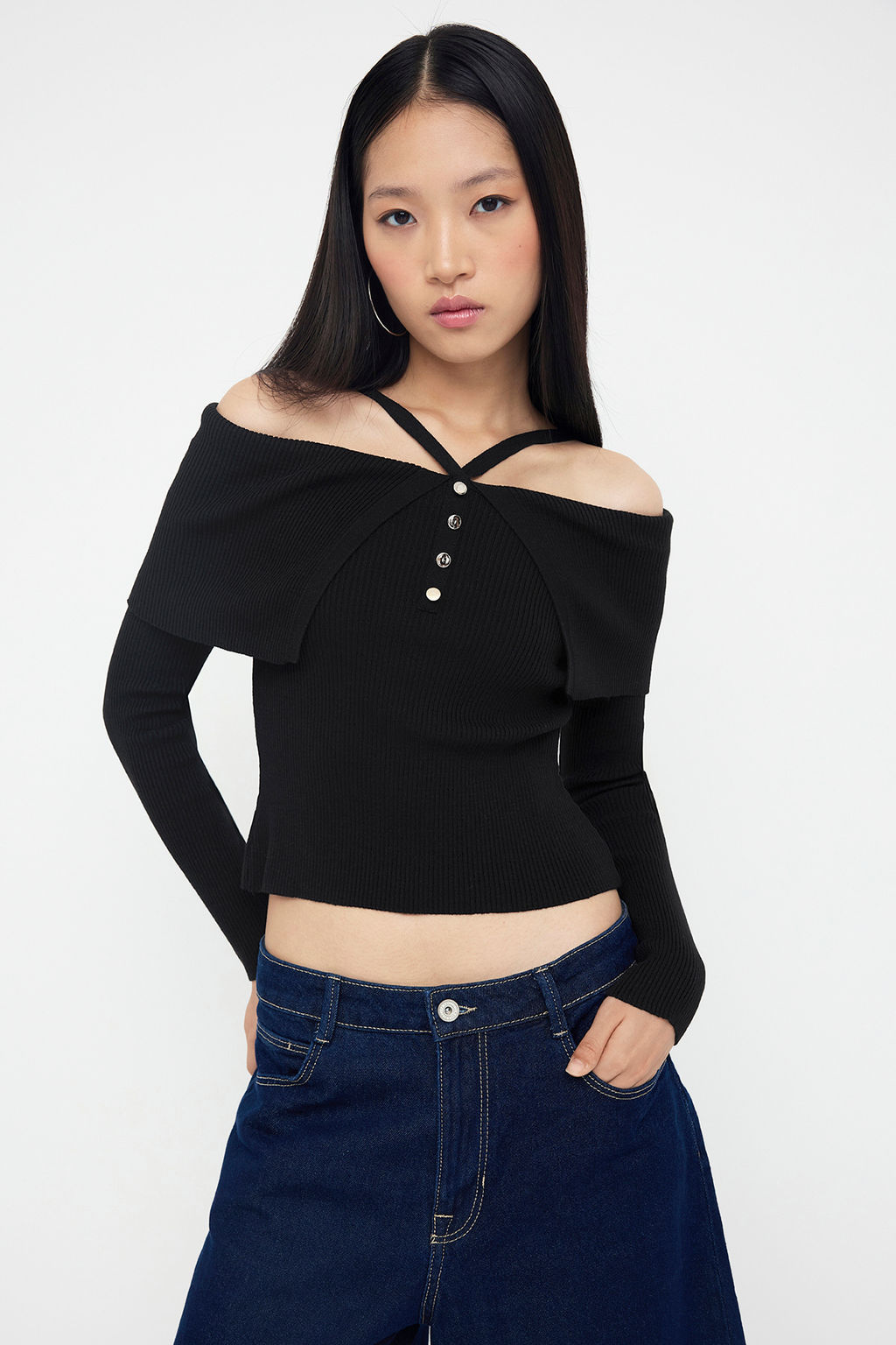 Teen Siyah Premium Iplik/Ozel Iplik Carmen Boyundan Ask?l? Triko Kazak TWOAW26KZ00076