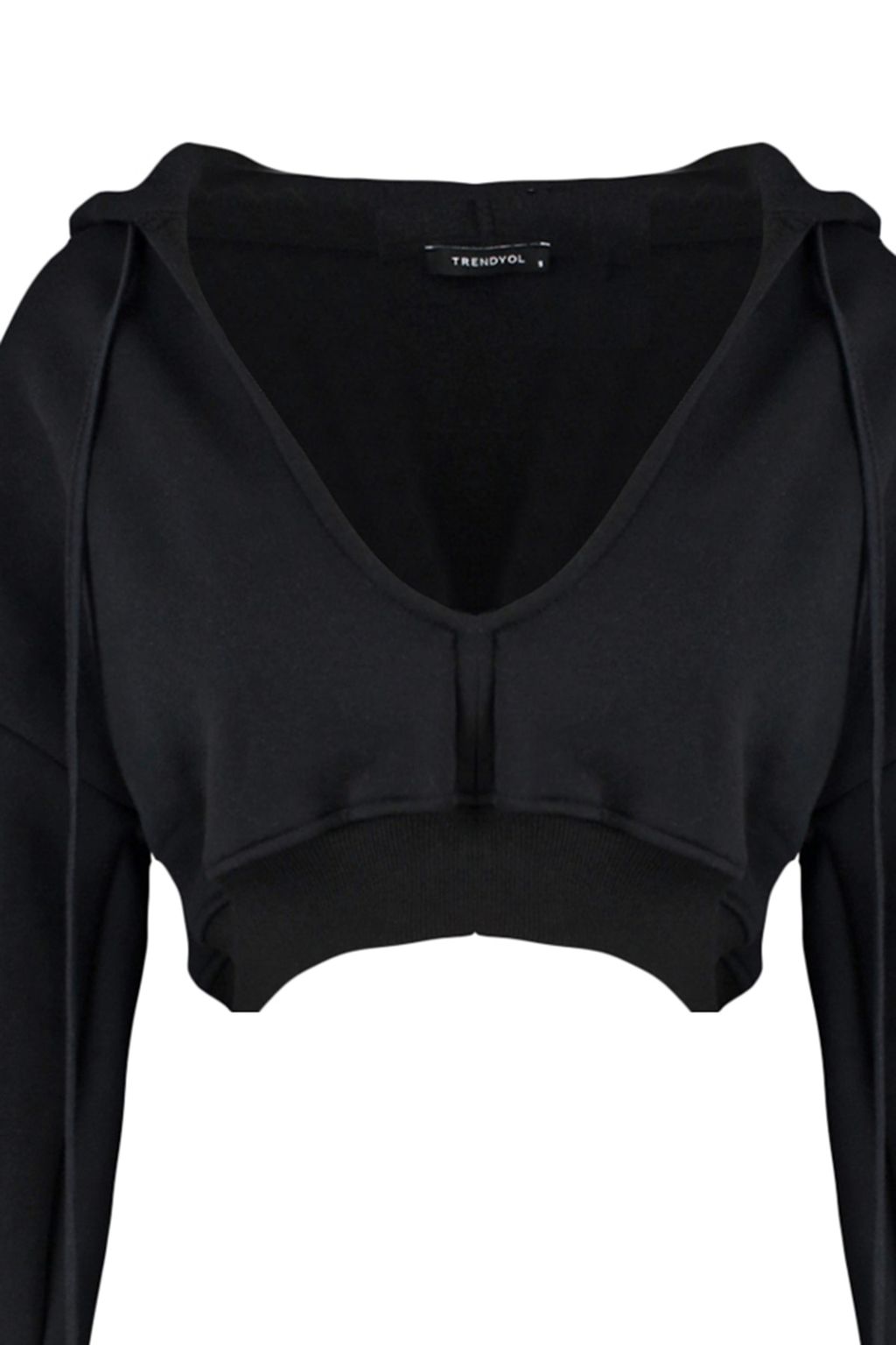 Siyah Kal?n Ici Polarl? Kapusonlu V Yaka Rahat Kesim Crop Orme Sweatshirt TWOAW23SW00096