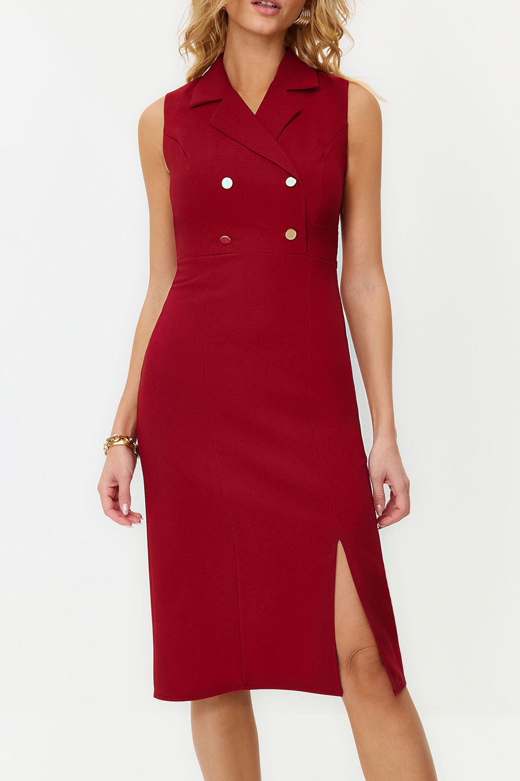 TRENDYOLMILLA Siyah Vucuda Oturan Dugme Detayl? Y?rtmacl? Midi Kalem Etek Dokuma Elbise TWOSS23EL02256  фото 21