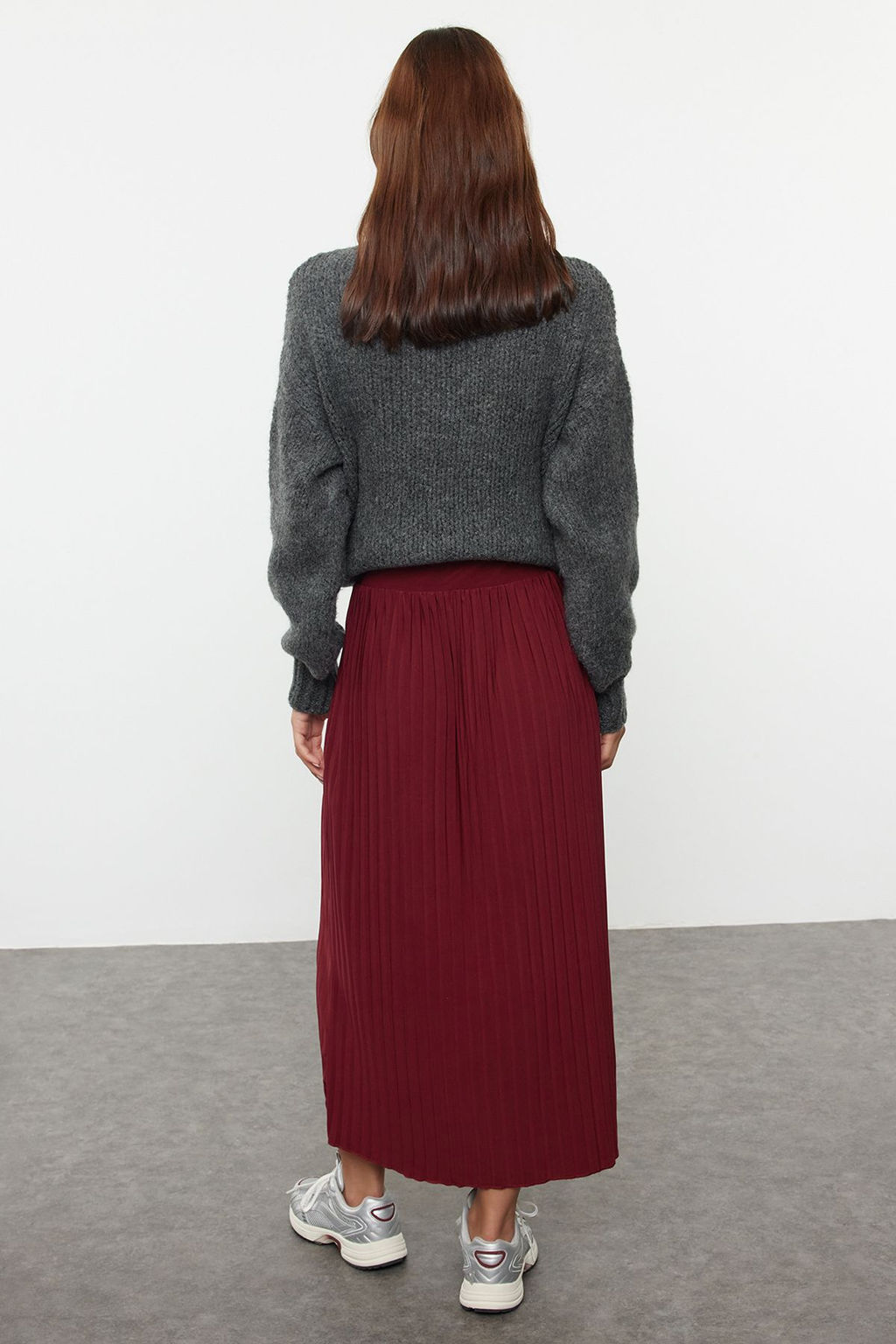 Bordo Yuksek Bel Pilise Esnek Maxi Orme Etek TWOAW25ET00041