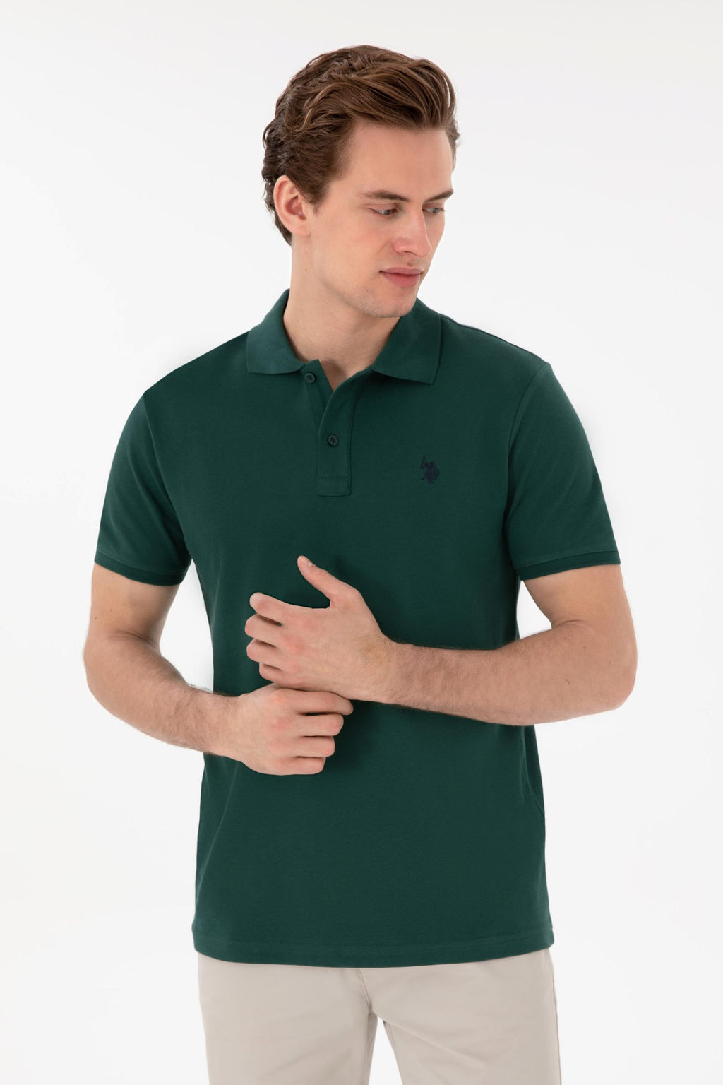 Erkek Slim Fit Polo Yaka Koyu Ye_il Basic Ti__rt Sepette S_rpriz _ndirim