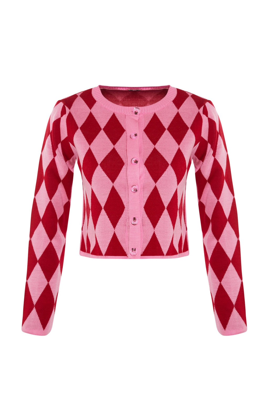 Pembe Crop Desenli/Jakarl? Ceket Gorunumlu Triko H?rka TWOAW23HI00176