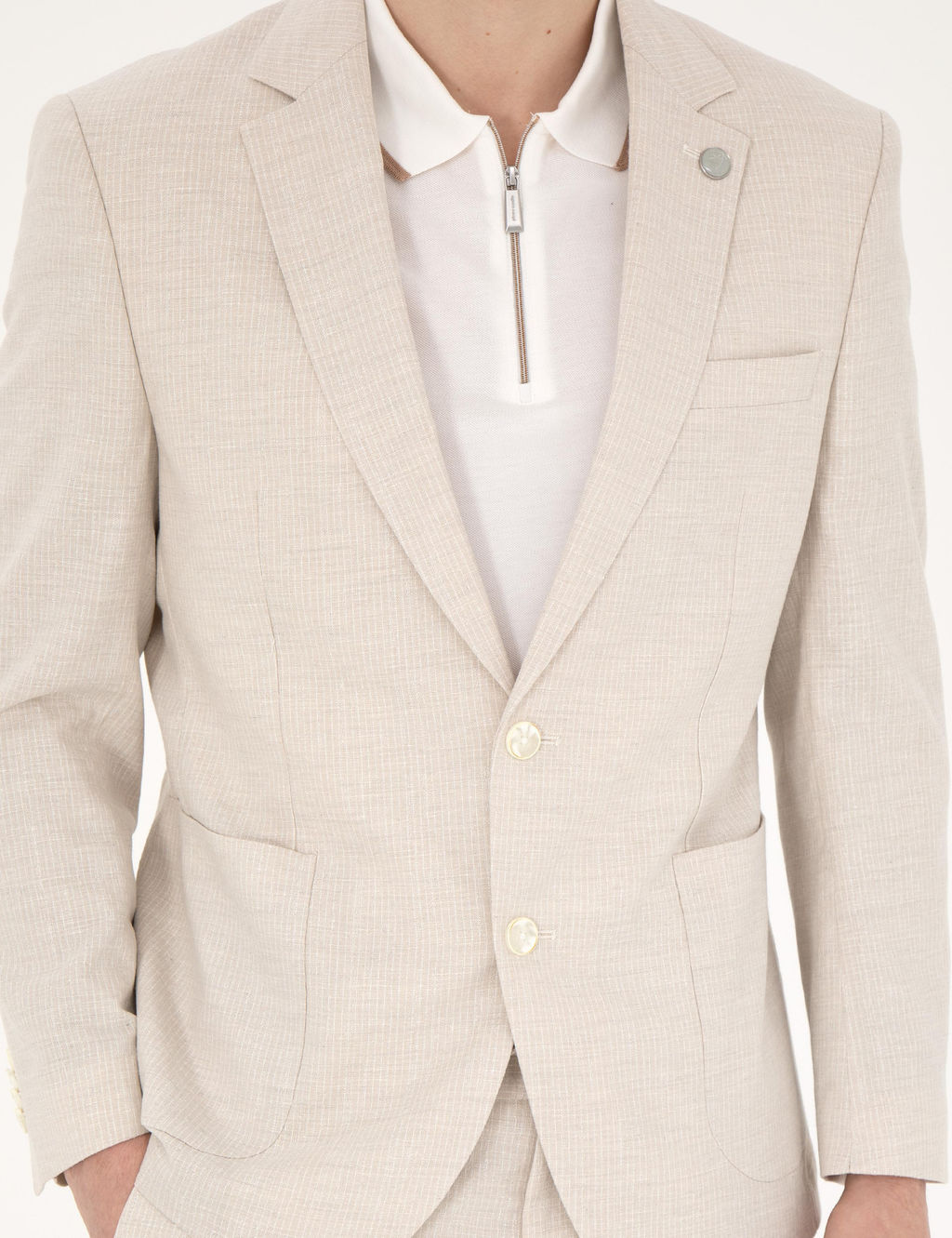 Bej Slim Fit Keten Kar___ml_ _izgili Tak_m Elbise