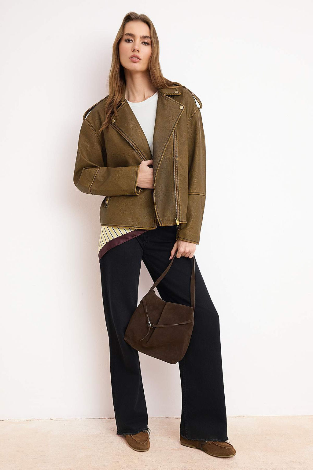 Kahverengi Oversize Kal?p Y?kama Efekctli Suni Deri Biker Ince Ceket Mont TWOAW25MO00010 - Trendyolmilla фото 12
