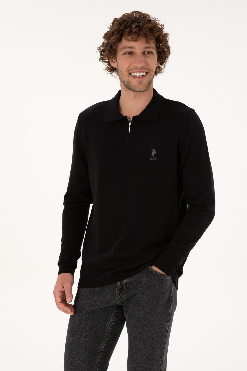 Erkek Slim Fit Yar_m Fermuarl_ Polo Yaka Siyah Kazak