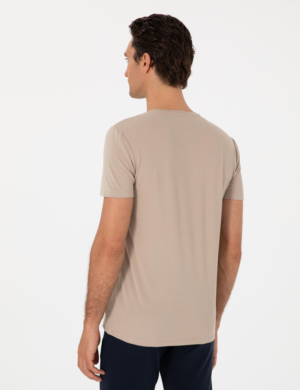 Bej Slim Fit Bisiklet Yaka Pamuklu T-shirt