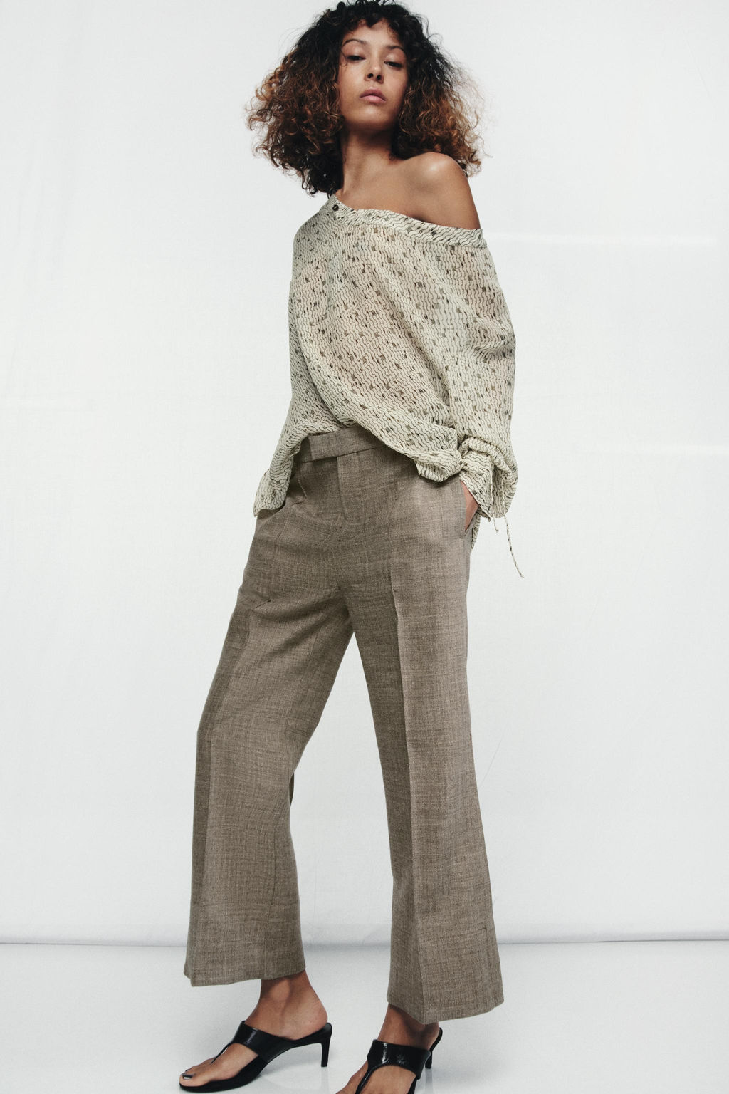 PANTAL?N CROPPED FLARE CON LANA ZW COLLECTION / Tostado