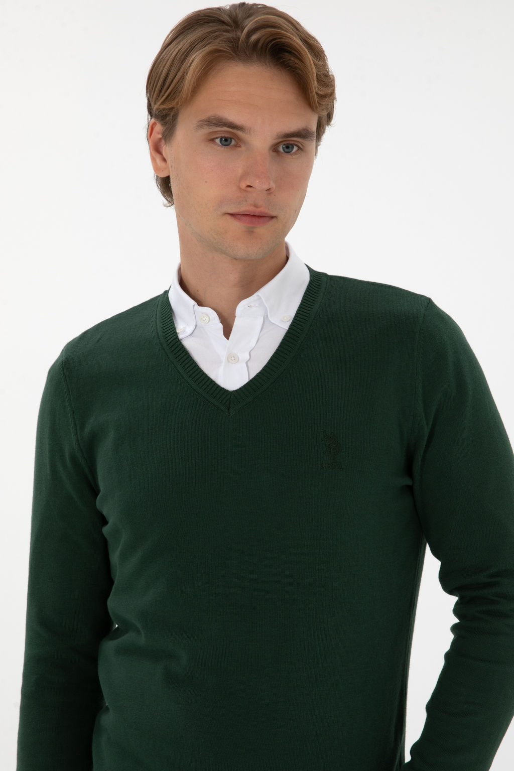 Erkek Slim Fit V Yaka Koyu YeЕil Basic Kazak - U.s. polo assn фото 2