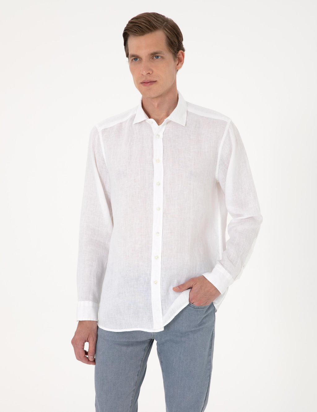 Beyaz %100 Keten Regular Fit Uzunkollu G_mlek - Pierre cardin фото 10