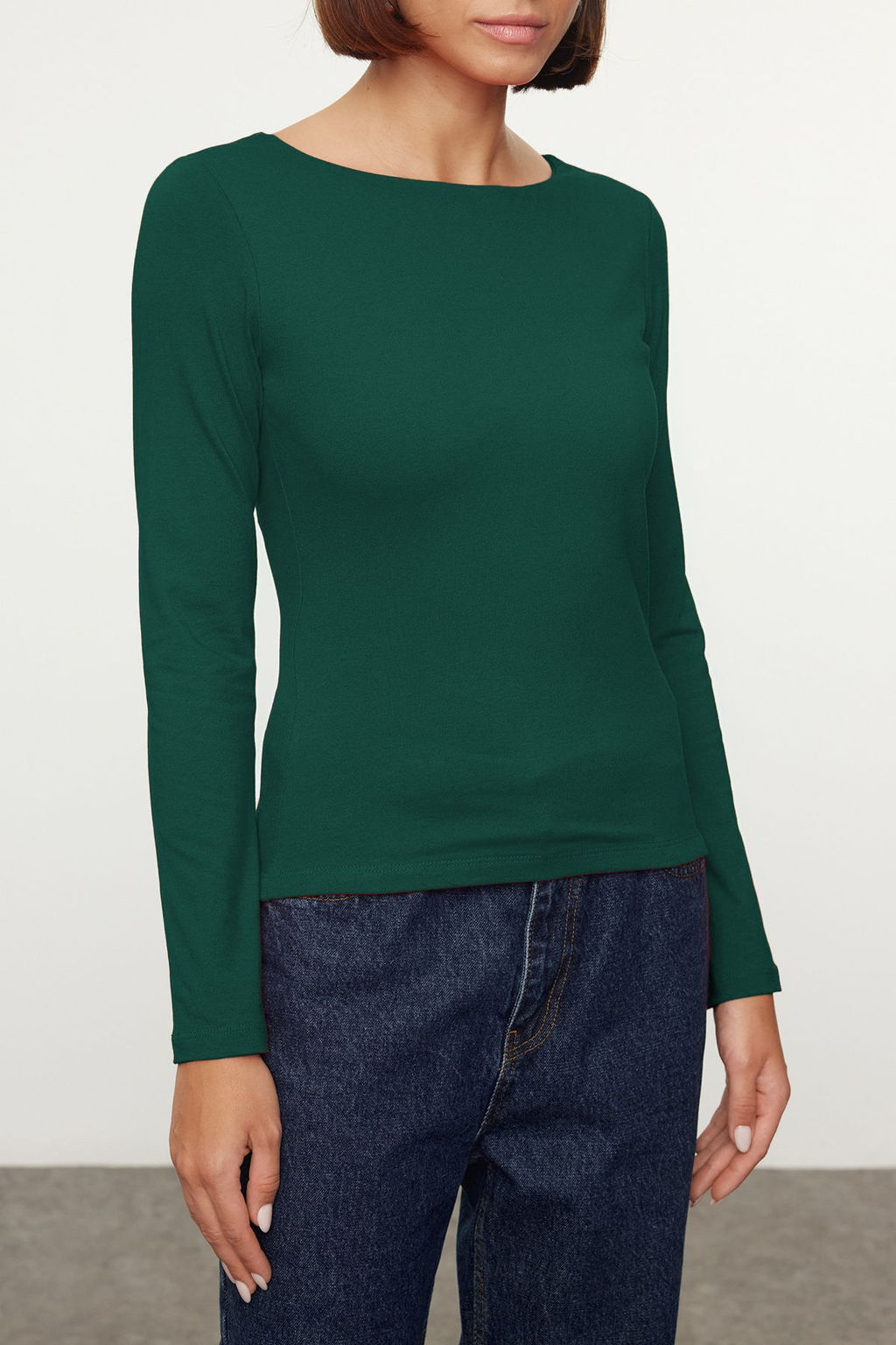 Zumrut Yesili Pamuklu Kay?k Yaka Fitted/Vucuda Oturan Esnek Bluz TWOAW24BZ00166