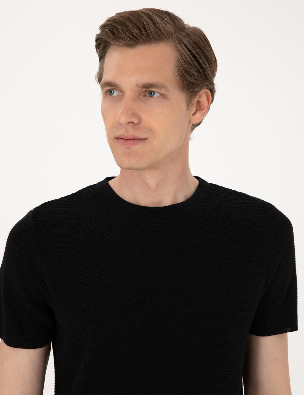 Siyah Slim Fit Keten Kar___ml_ Bisiklet Yaka Triko Ti__rt