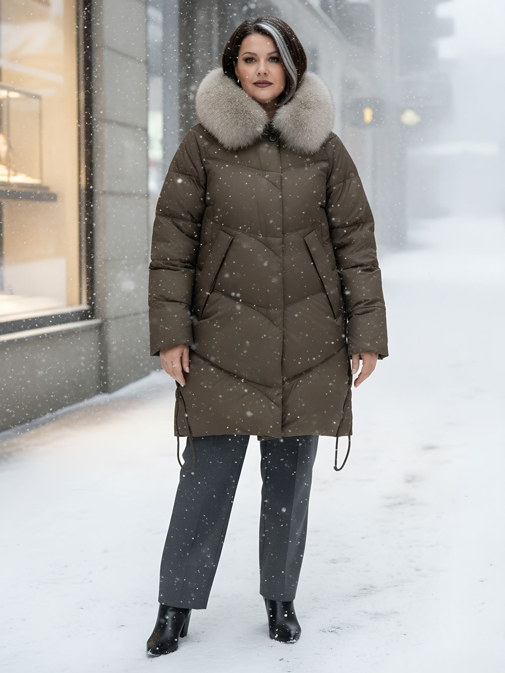 Пальто зимнее утепленное с мехом и капюшоном тренд темно-коричневого цвета 7745TK - Visdeer фото 17