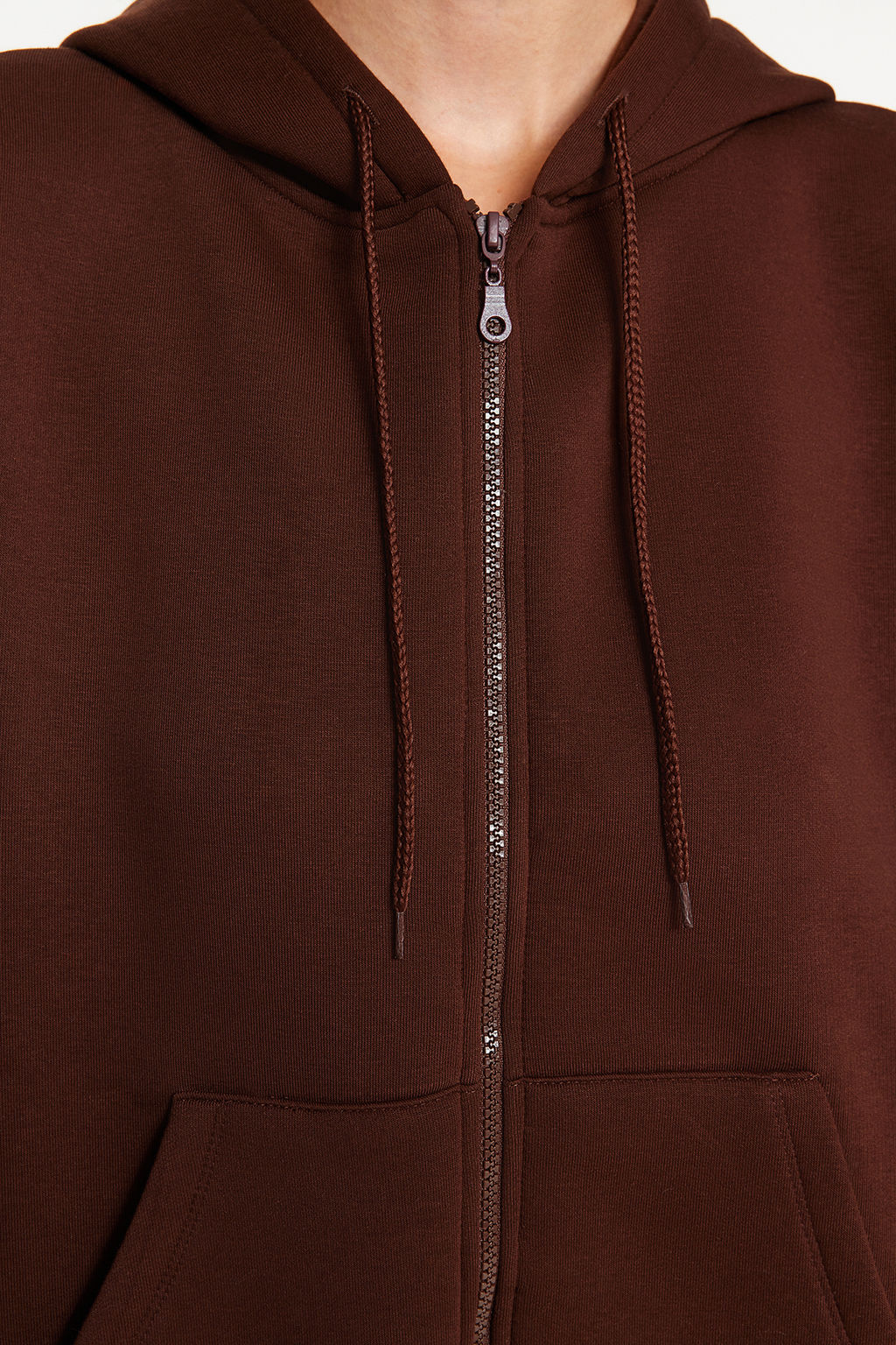 Kahverengi Oversize/Rahat Kesim Basic Kapusonlu Kal?n Ici Polarl? Orme Sweatshirt TWOAW24SW00188