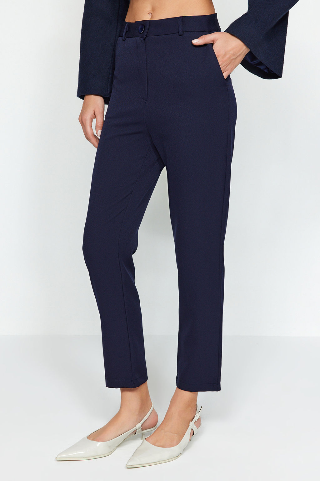 Lacivert Basic Cigarette Dar Paca Dokuma Kumas Pantolon TWOSS19ST0038