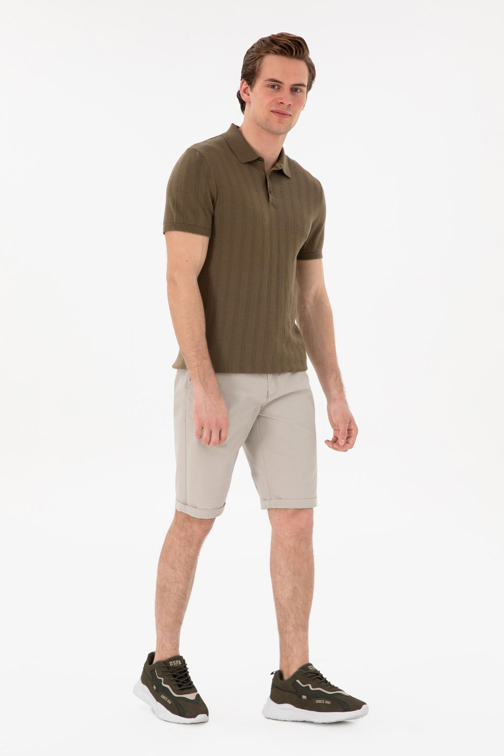 Erkek Slim Fit Polo Yaka Haki Triko Ti__rt