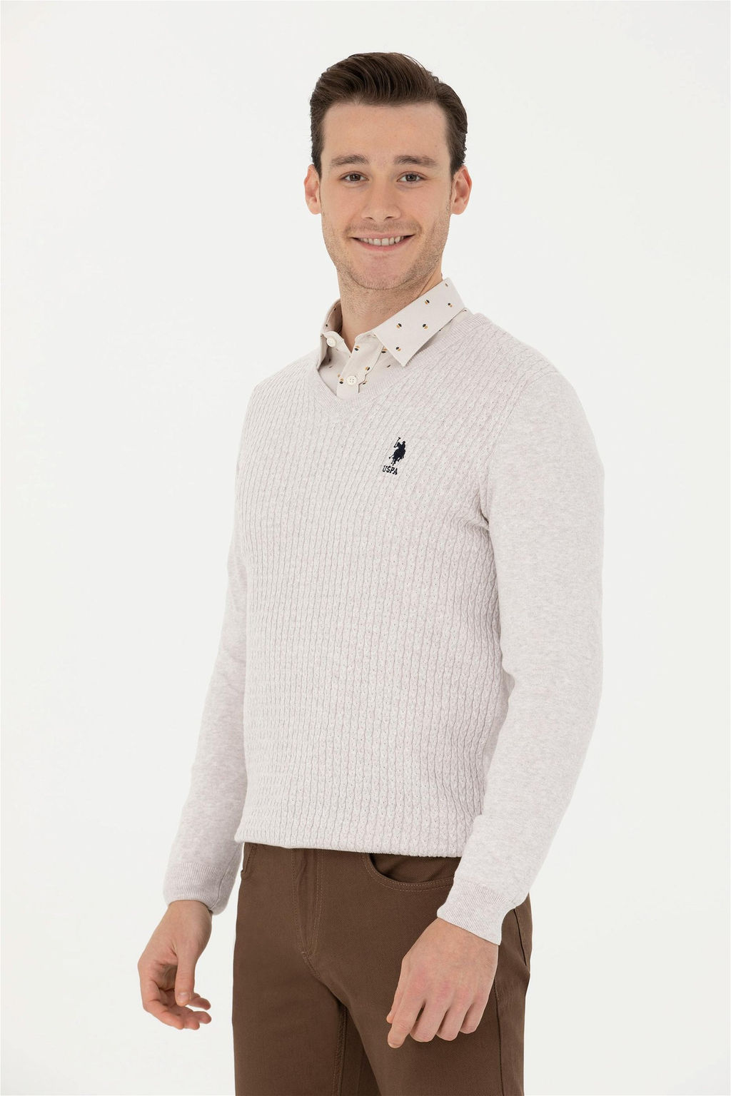 Свитер мужской U.S. Polo Assn каменный меланж хлопок  фото 3