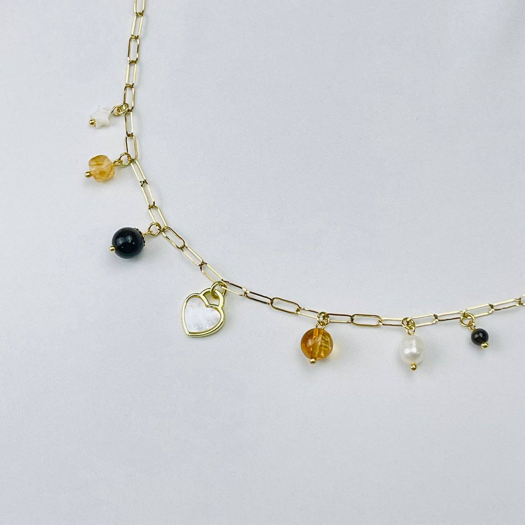 Колье на цепочке с Обсидианом, Цитрином, Жемчугом и Перламутром 38/45 см
