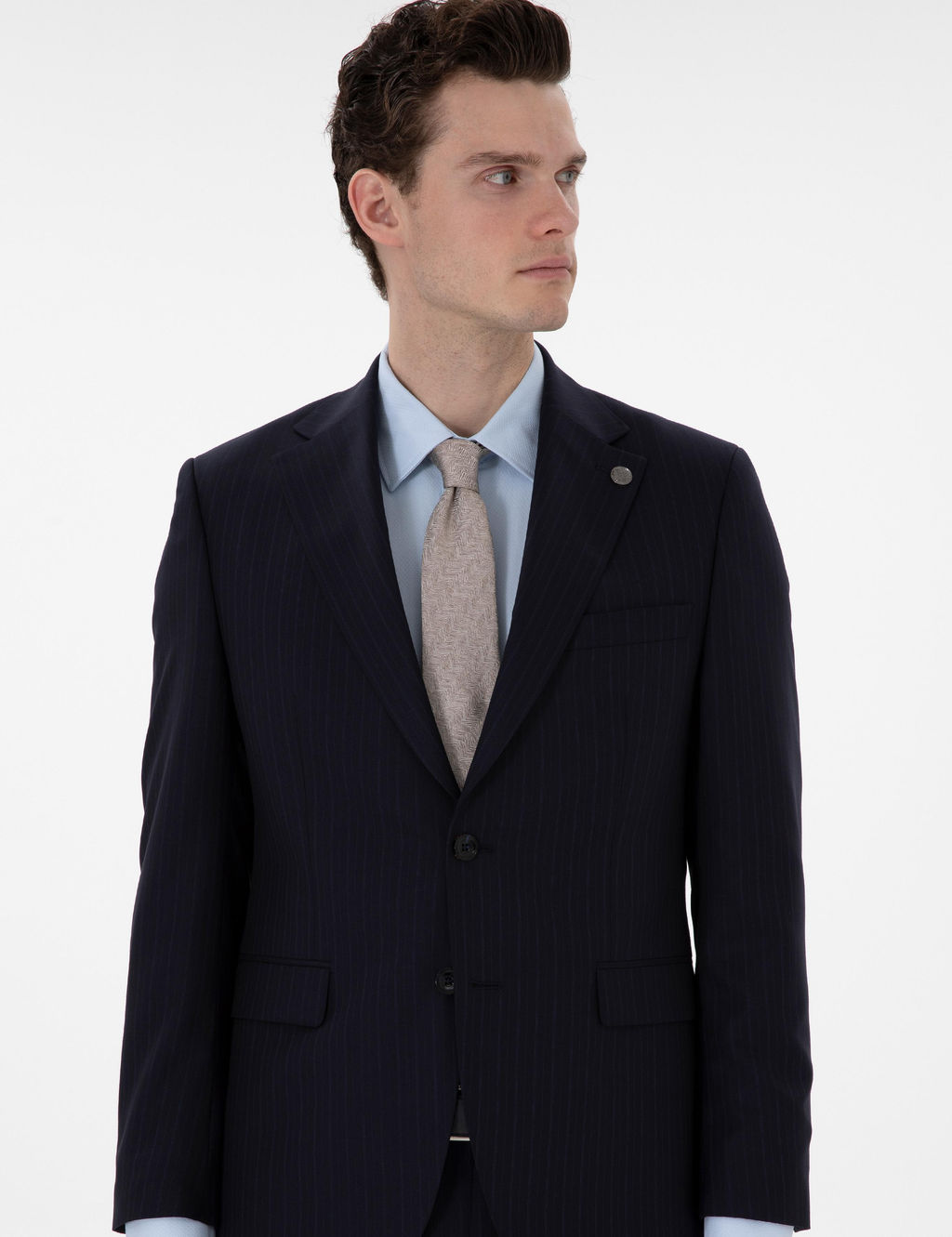 Lacivert Slim Fit _izgili %100 Y_n Tak_m Elbise