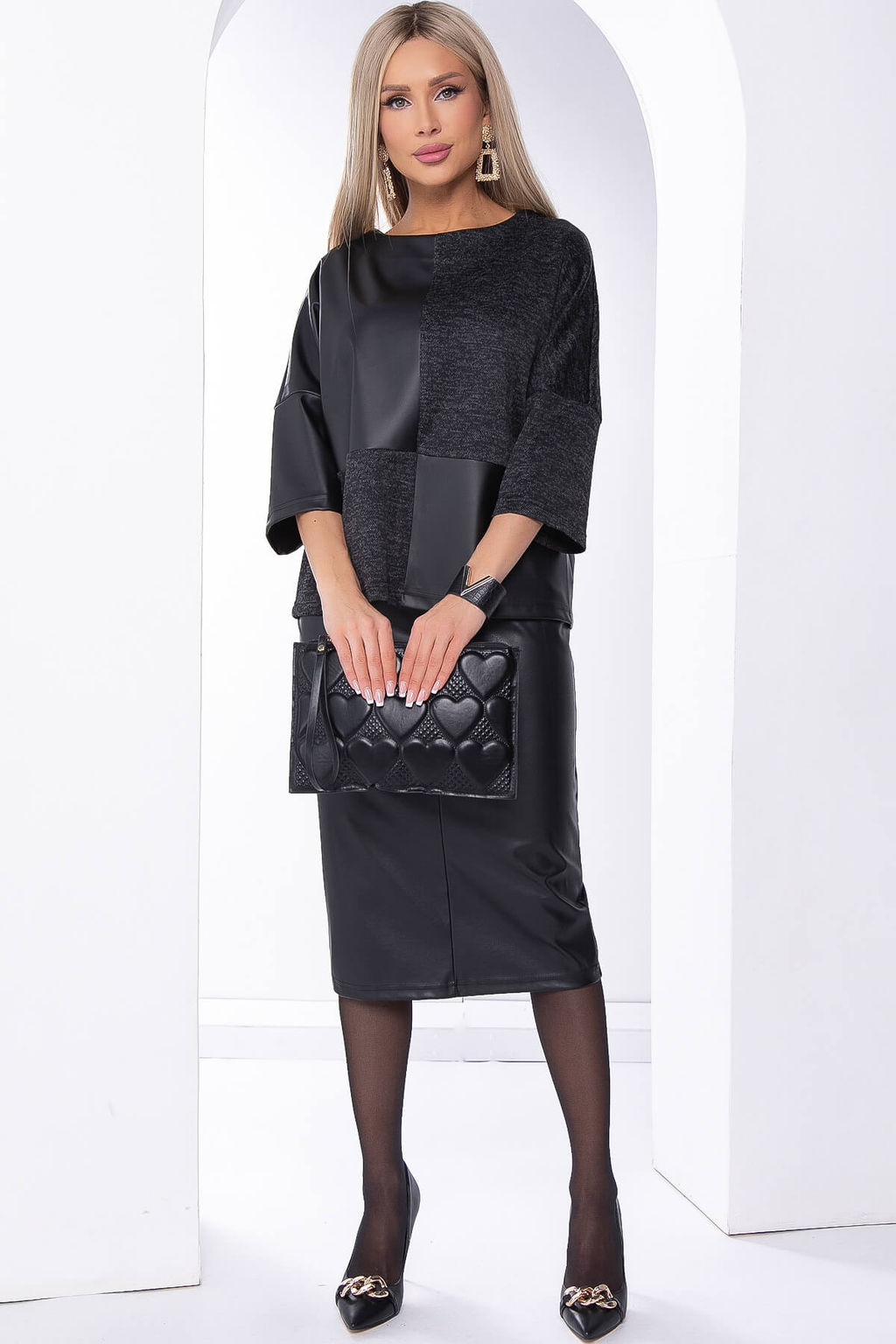 Джемпер комбинированный (экокожа/черный меланж) Б8271 - Lt collection фото 4