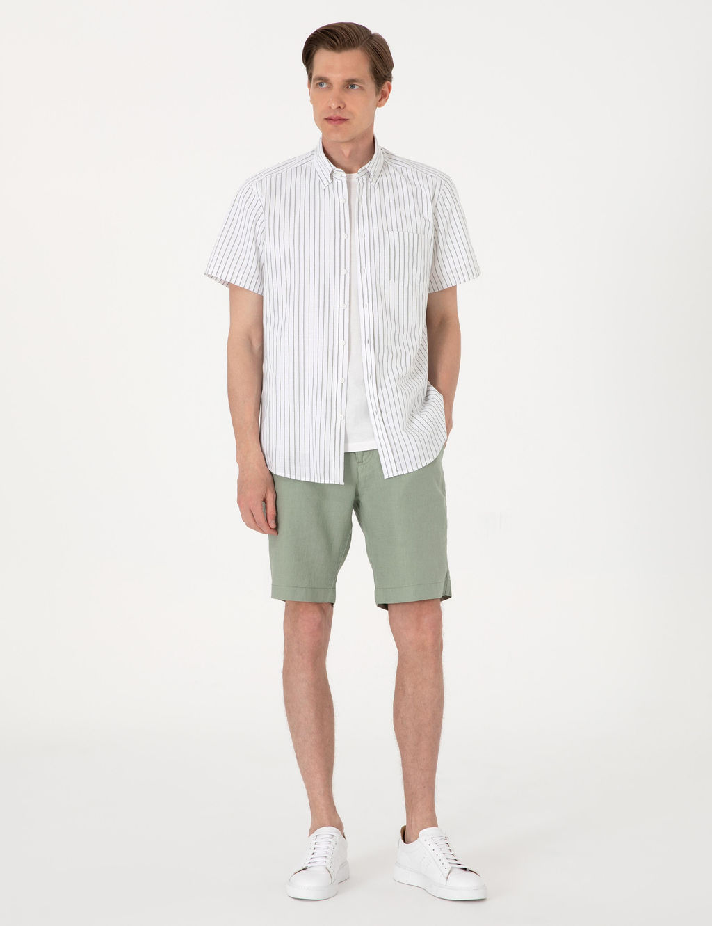 Haki Regular Fit _izgili K_sa Kollu G_mlek