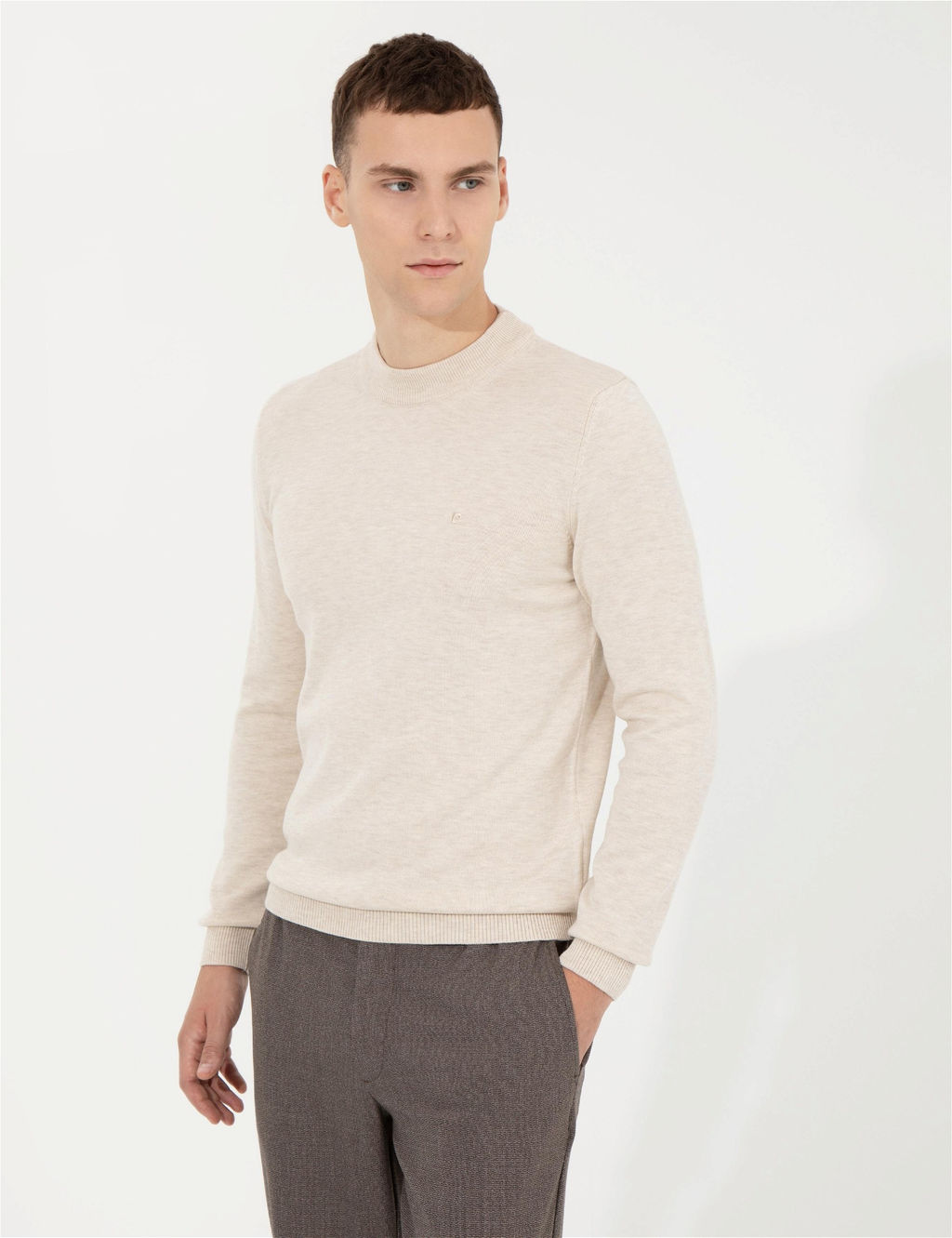 Krem Melanj Slim Fit Yar_m Bal_k__ Yaka Basic Triko Kazak - Pierre cardin фото 3