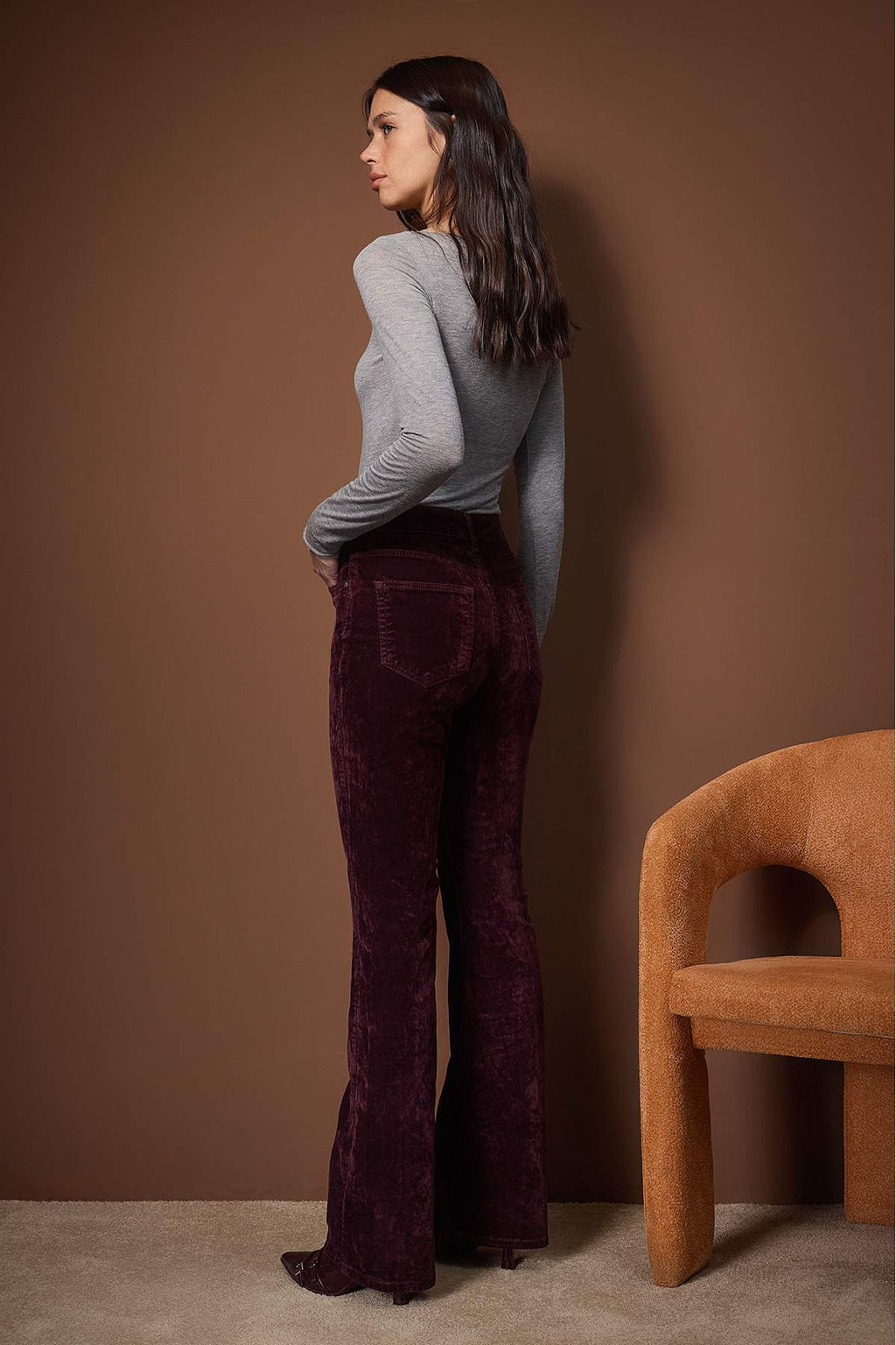 Bordo Suet Gorunumlu Yuksek Bel Comfort/Esnek Flare Jeans TWOAW26JE00287 - Trendyolmilla фото 4