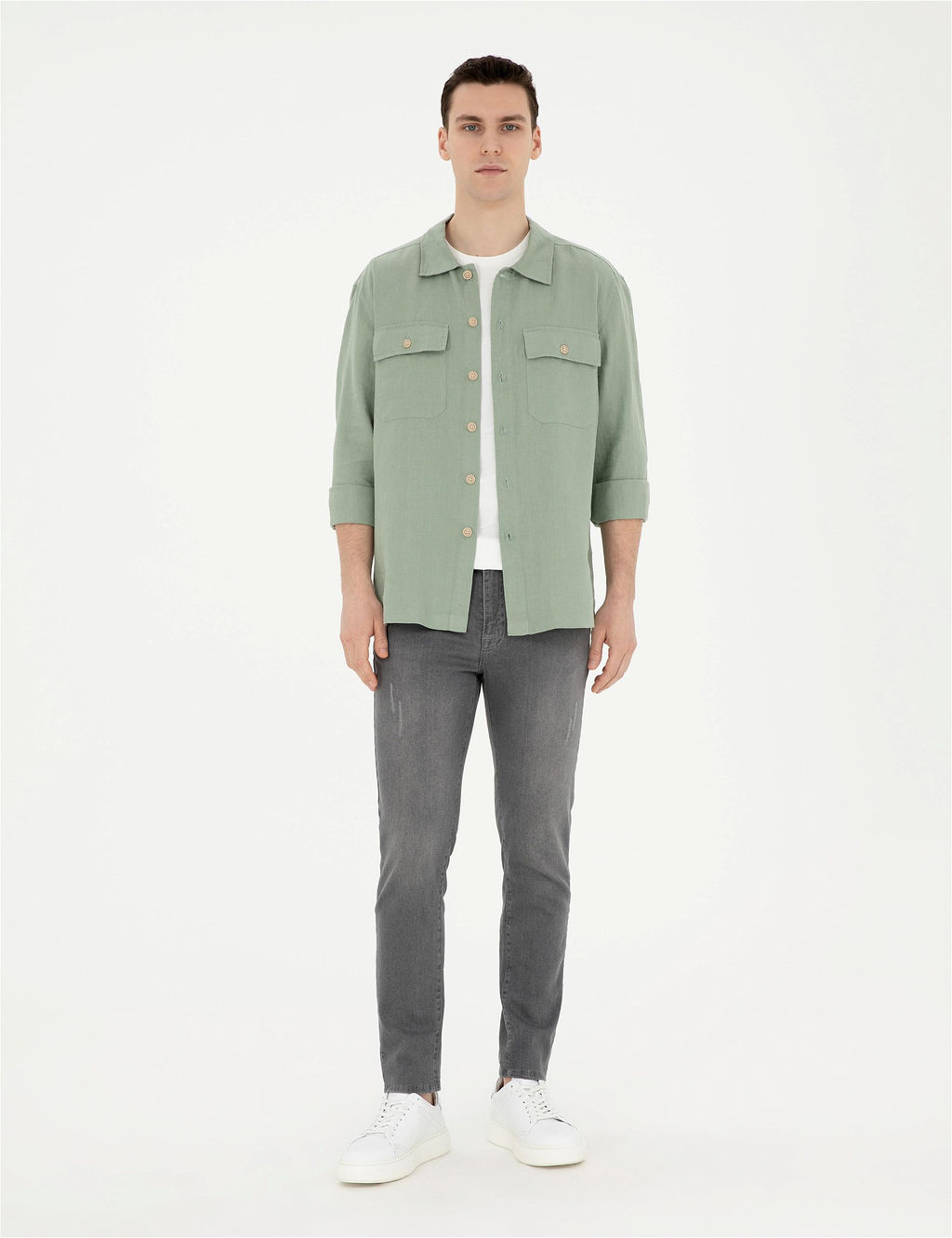 Ye_il Keten Comfort Fit Uzun Kollu G_mlek
