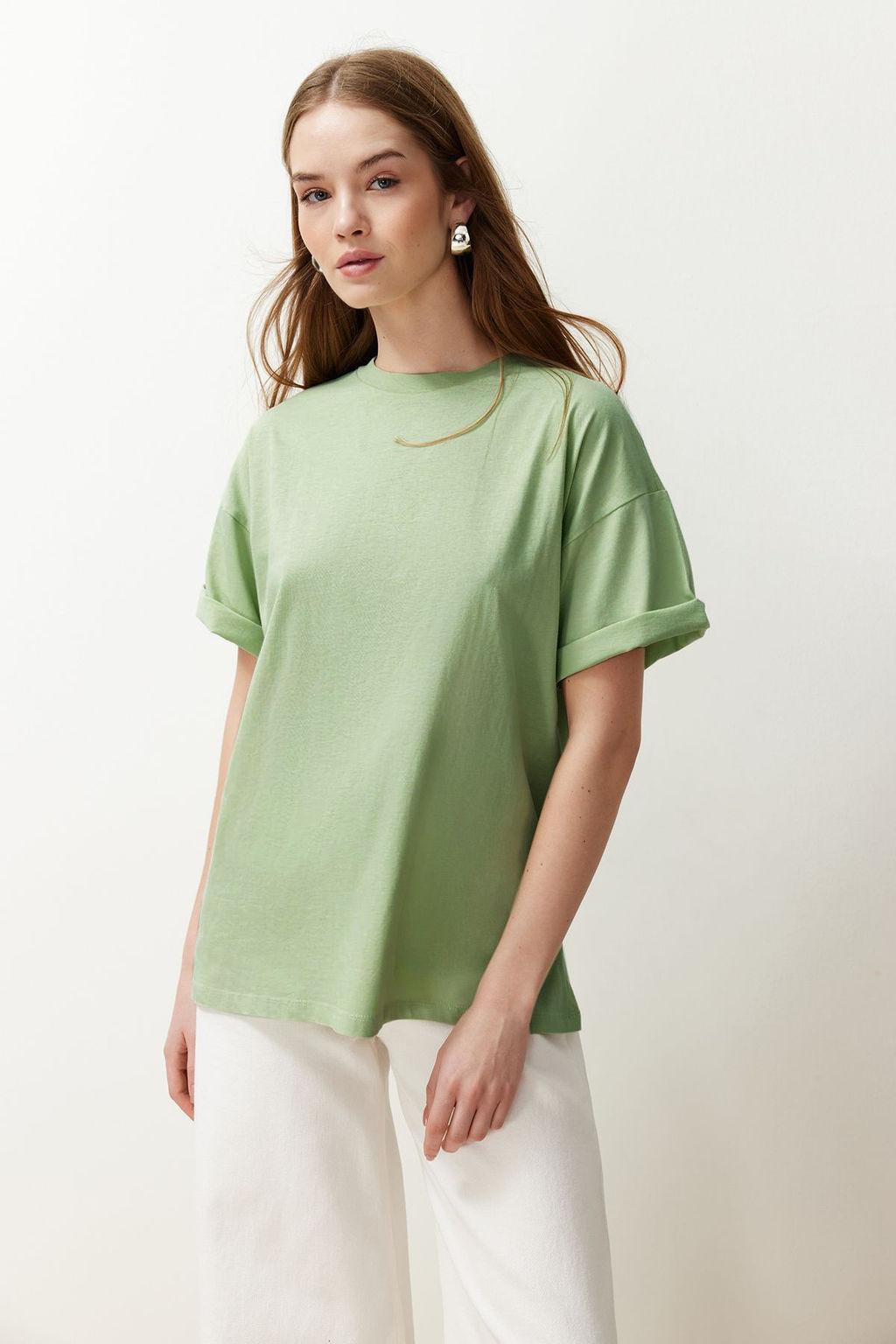 Mint %100 Pamuk Bisiklet Yaka Oversize/Genis Kal?p Orme T-Shirt TWOSS20TS0134