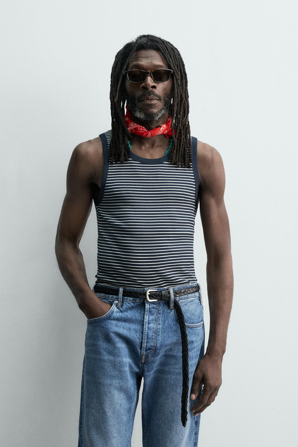 CAMISETA TANK JACQUARD RAYAS X AARON LEVINE / Azul / Blanco