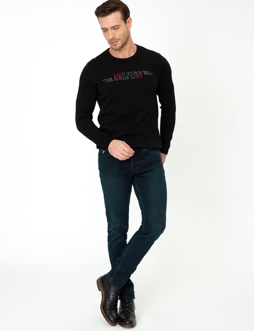 Siyah Slim Fit Bisiklet Yaka Triko Kazak