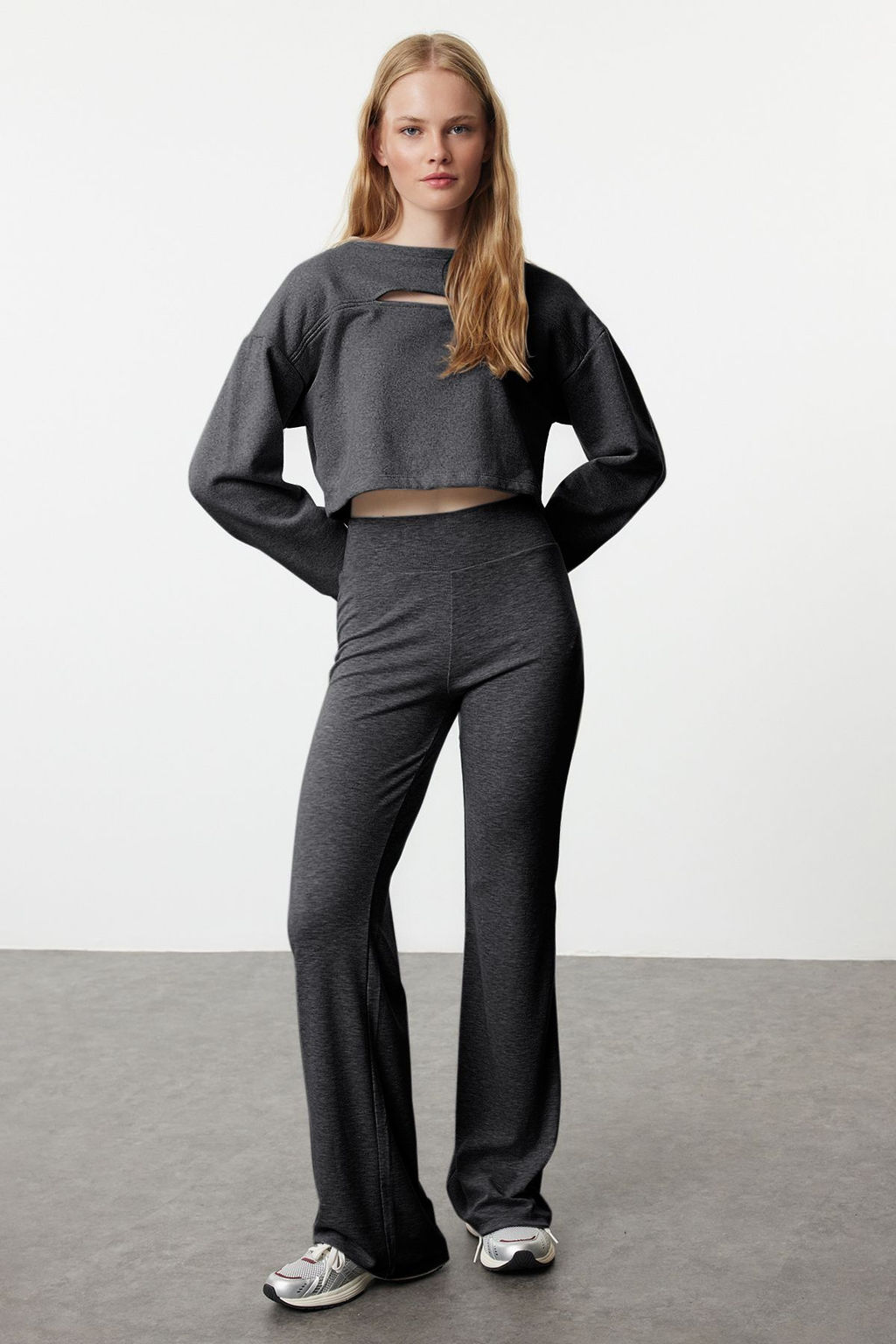 Antrasit Wide Leg/Ispanyol Paca Yuksek Bel Interlok Esnek Orme Pantolon TWOAW25PL00006