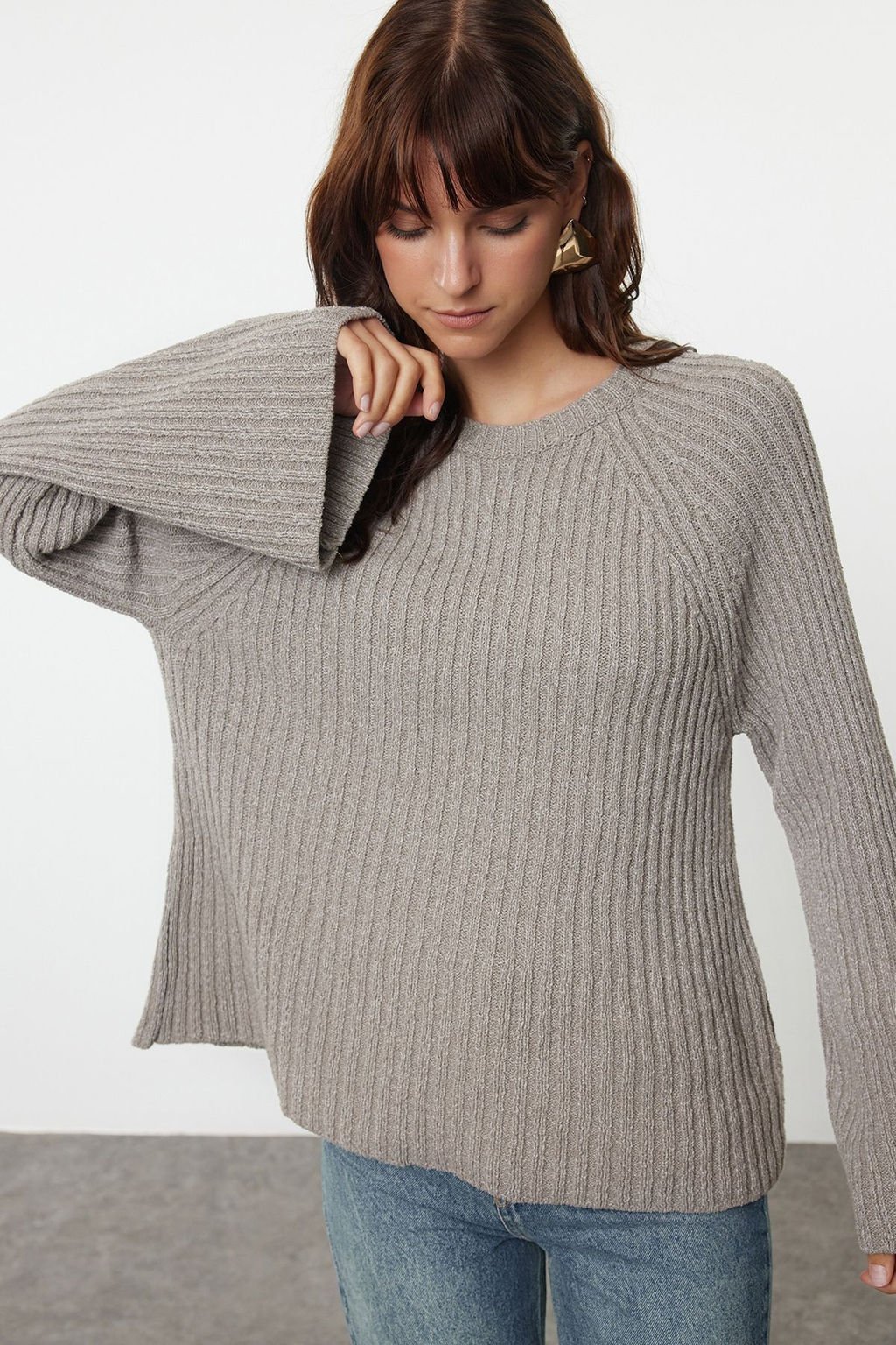 More Sustainable Vizon Genis Kal?p Peplum Detayl? Pamuklu Triko Kazak TWOAW25KZ00305