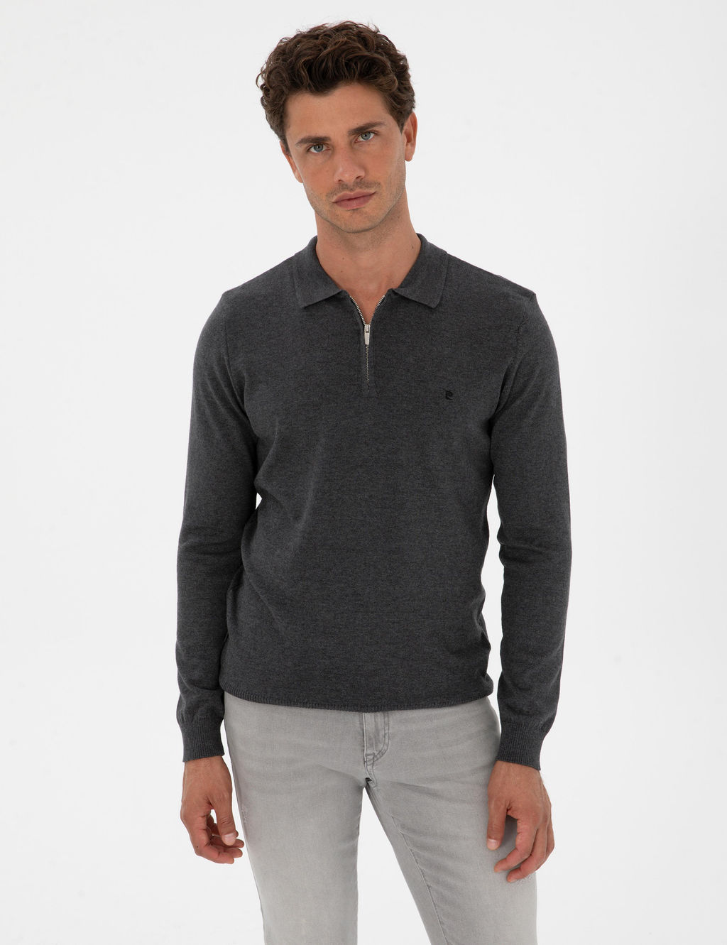 Antrasit Melanj Slim Fit Polo Yaka Fermuarl_ Basic Triko Kazak