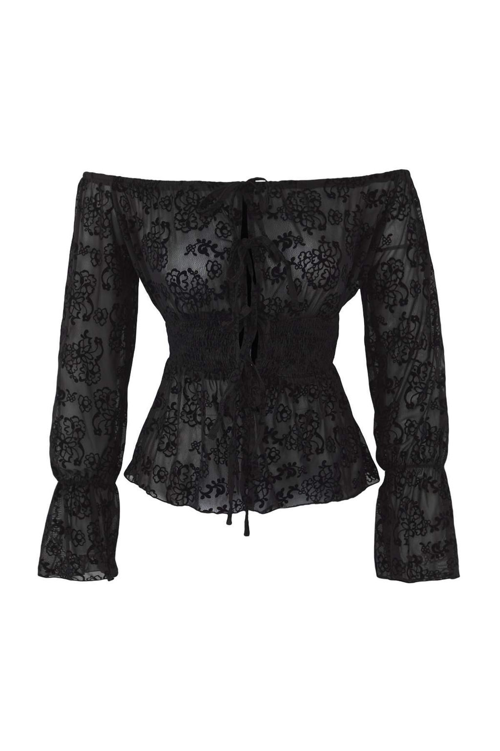 Siyah Cicekli Astars?z Carmen Yaka Baglamal? Tul Party Bluz TPRAW26BZ00014