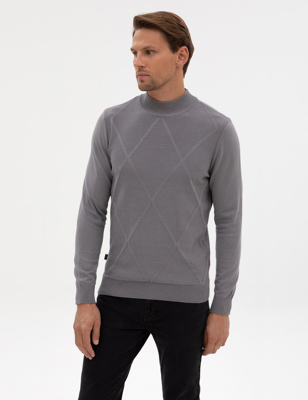 Gri Slim Fit Yar_m Bal_k__ Yaka Triko Kazak