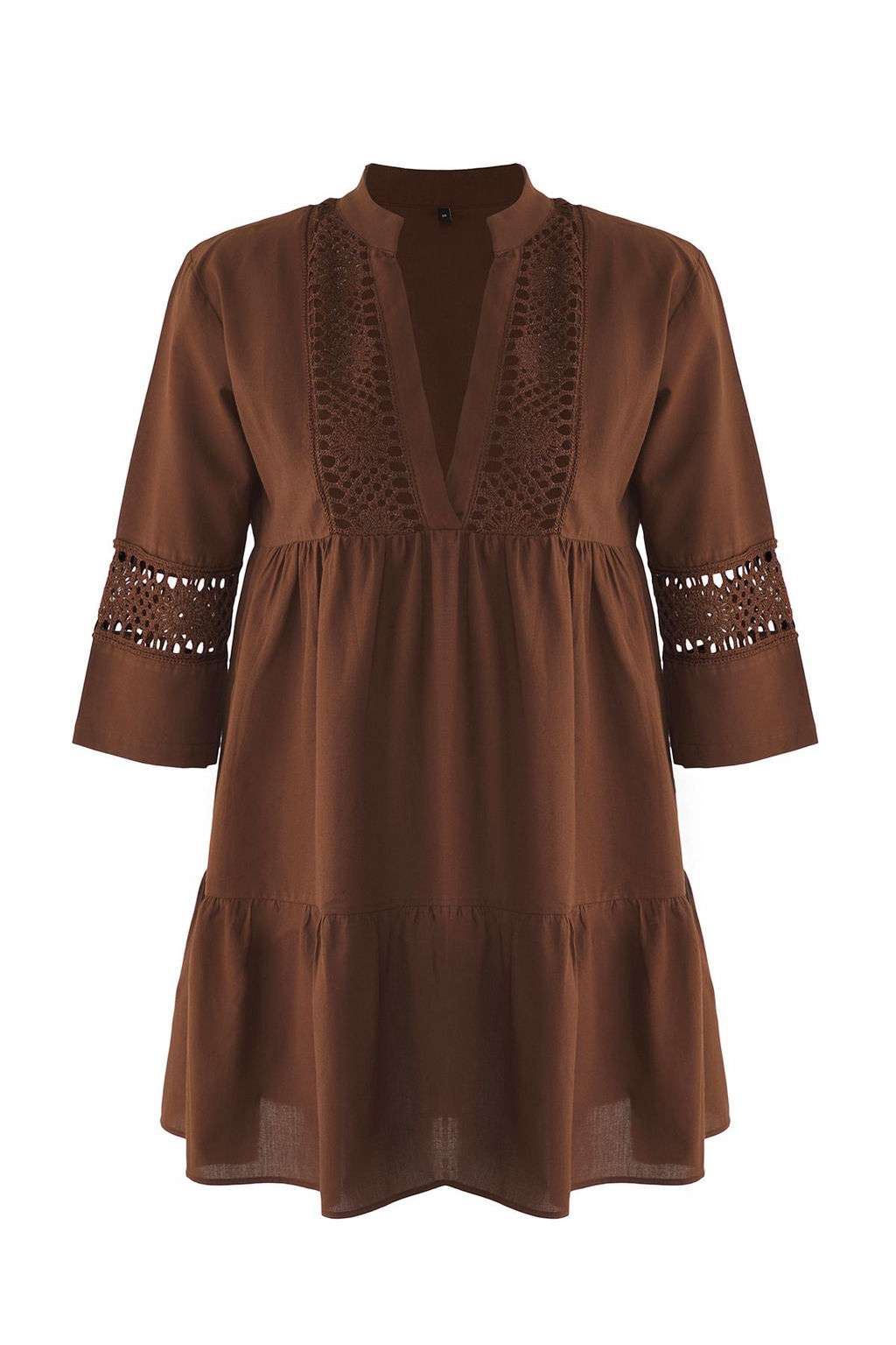 Kahverengi Dokuma Dantel %100 Pamuk Plaj Mini Elbise TBESS20EL0854