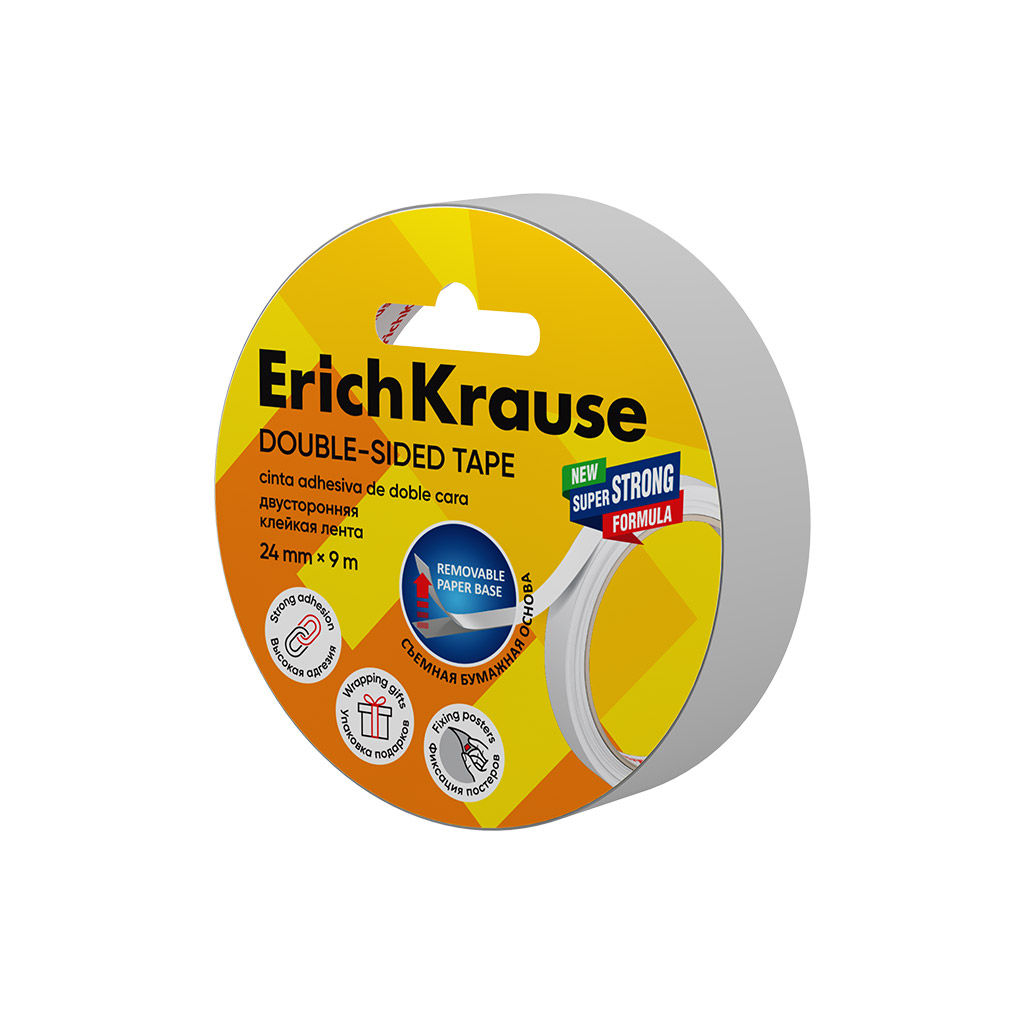 Цена за 12 шт. Двусторонняя клейкая лента ErichKrause 24ммх9м, прозрачный (в пленке по 1 шт.)