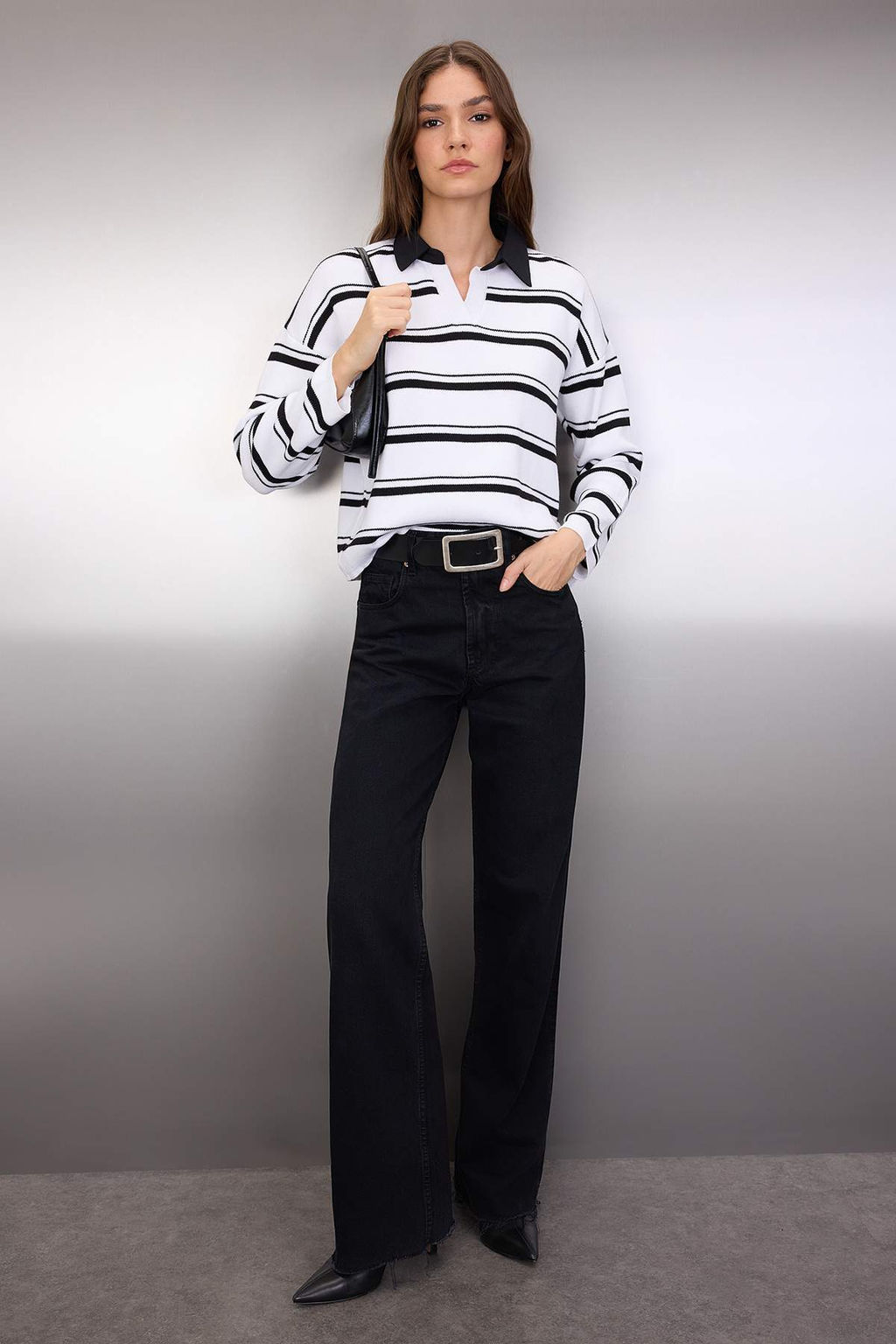 Siyah Pamuklu Genis Kal?p Gomlek Yaka Cizgili Triko Kazak TWOAW26KZ00143 - Trendyolmilla фото 2