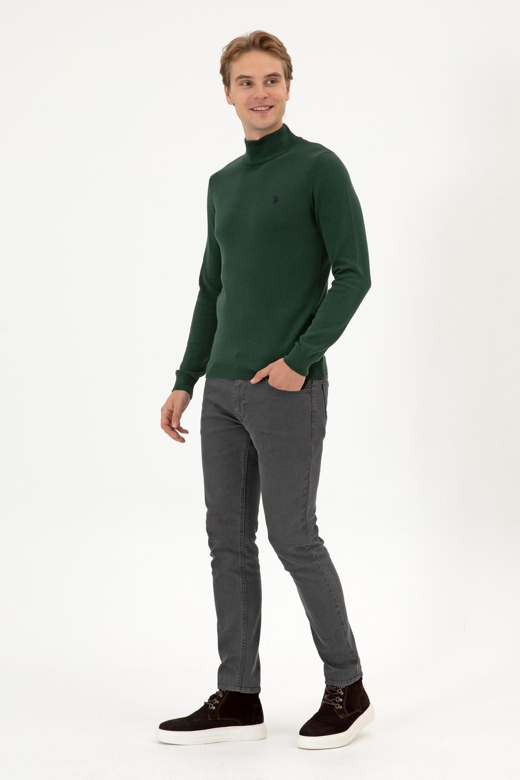 Erkek Slim Fit Bo_azl_ Koyu Ye_il Basic Kazak - U.s. polo assn фото 4