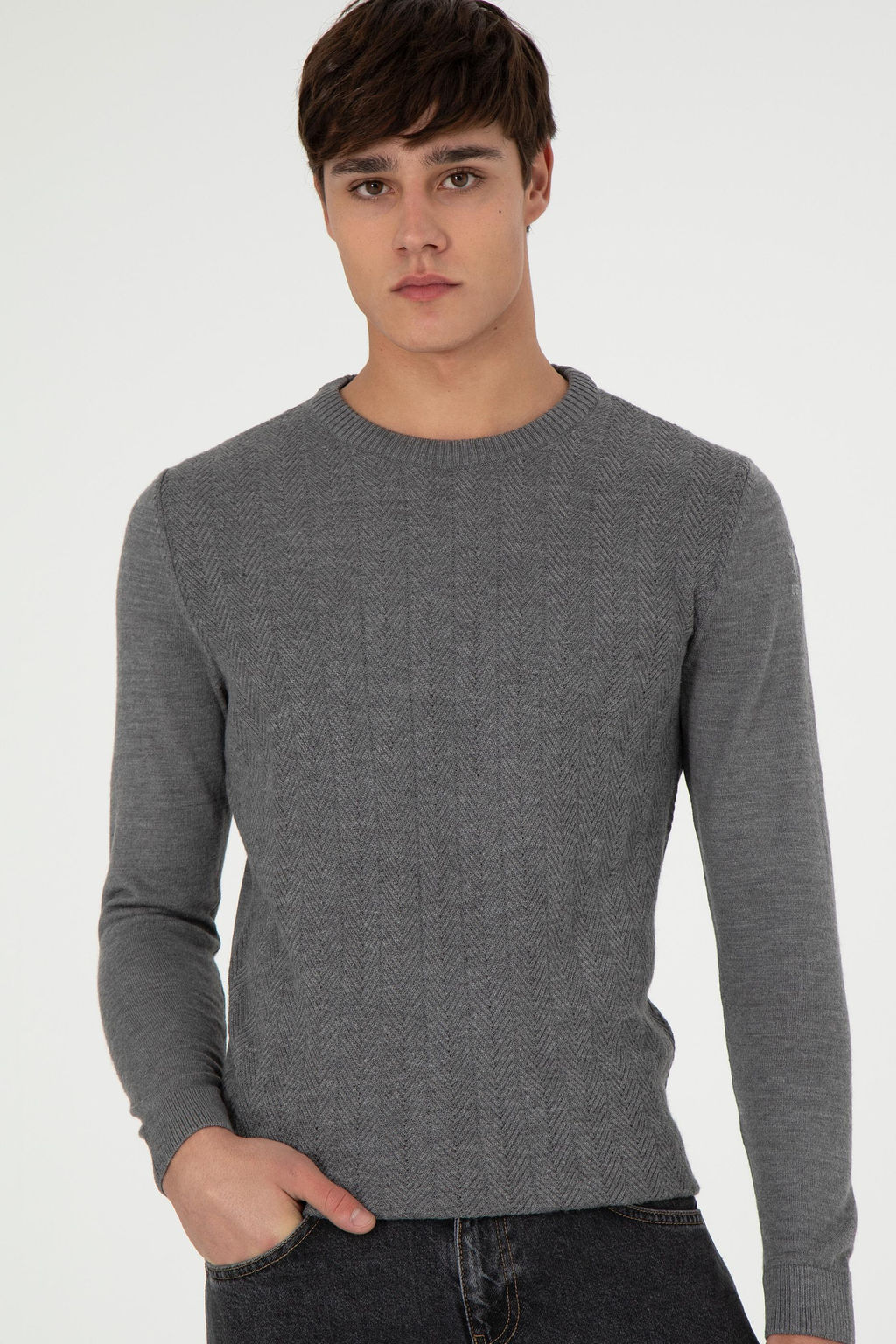 Erkek Slim Fit Bisiklet Yaka Gri Melanj Kazak - U.s. polo assn фото 3