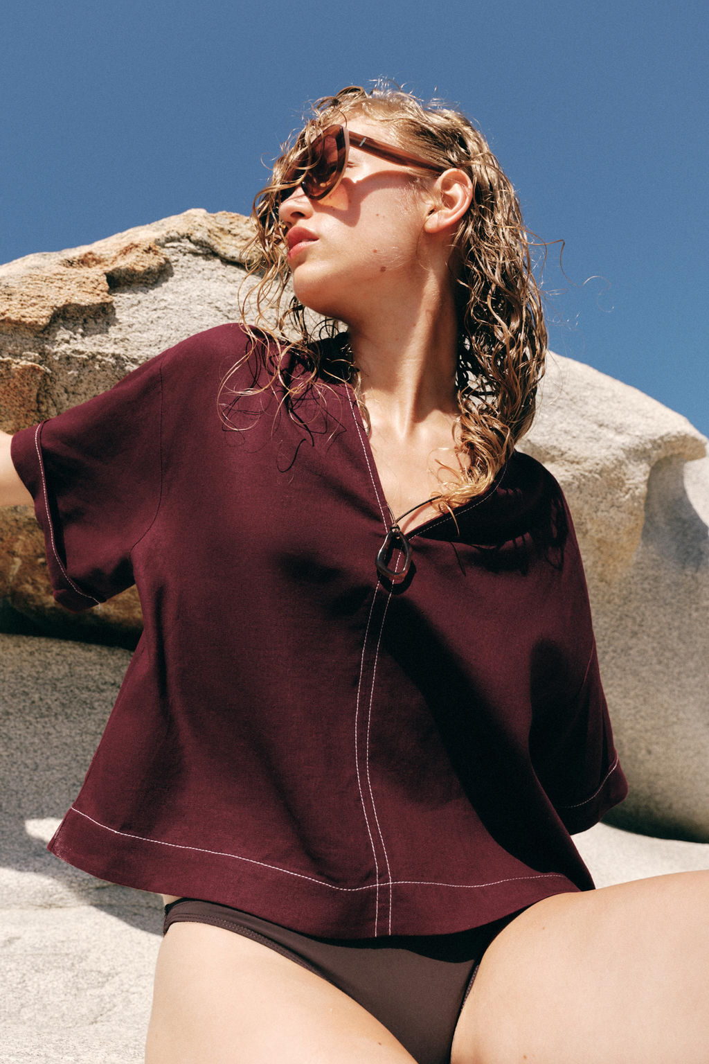 CUERPO VIVOS CONTRASTE CON LINO / Burgundy - Zara фото 5