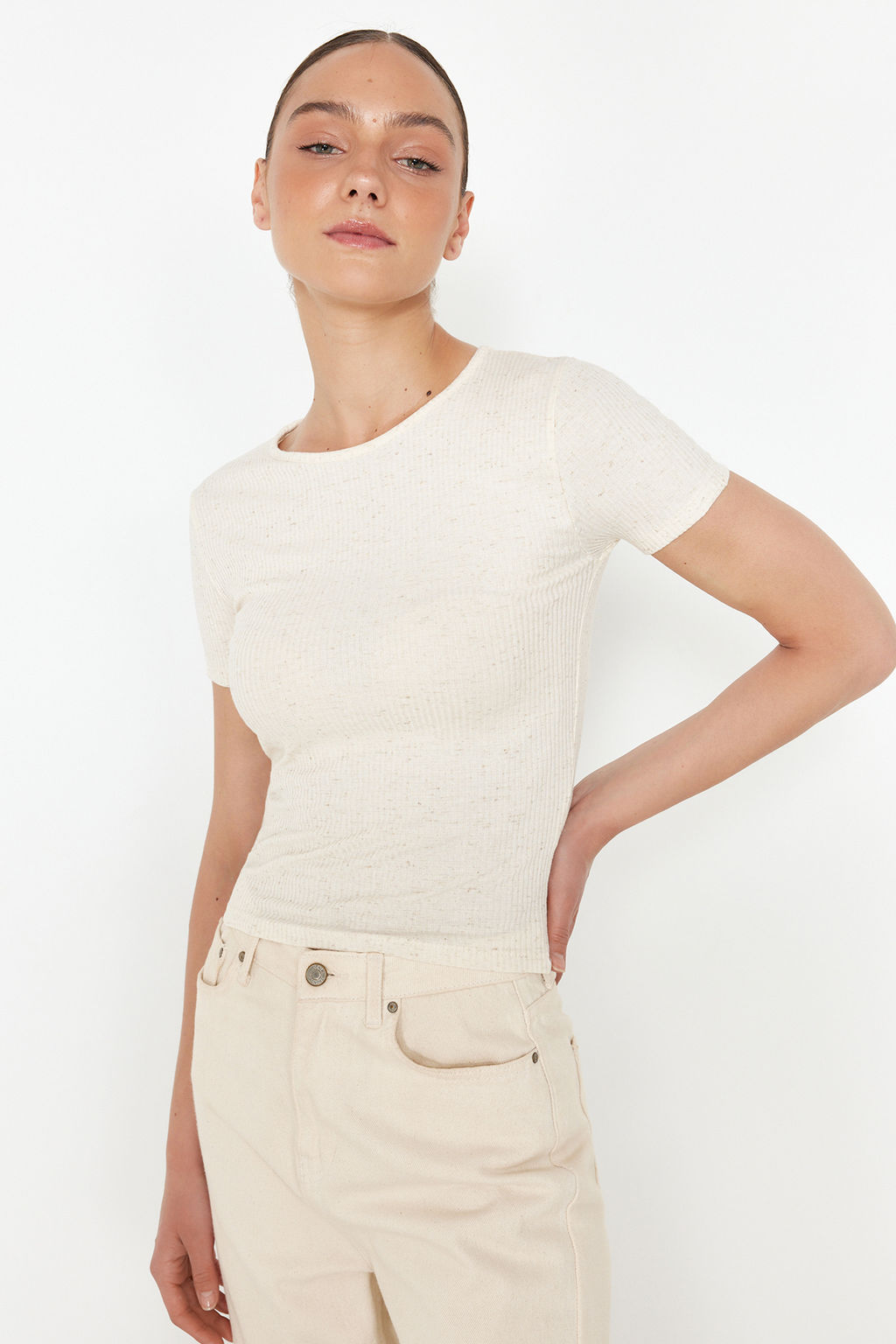 Ekru Ketenli Fitted/Vucuda Oturan Fitilli Esnek Orme Bluz TWOSS24BZ00566 - Trendyolmilla фото 3