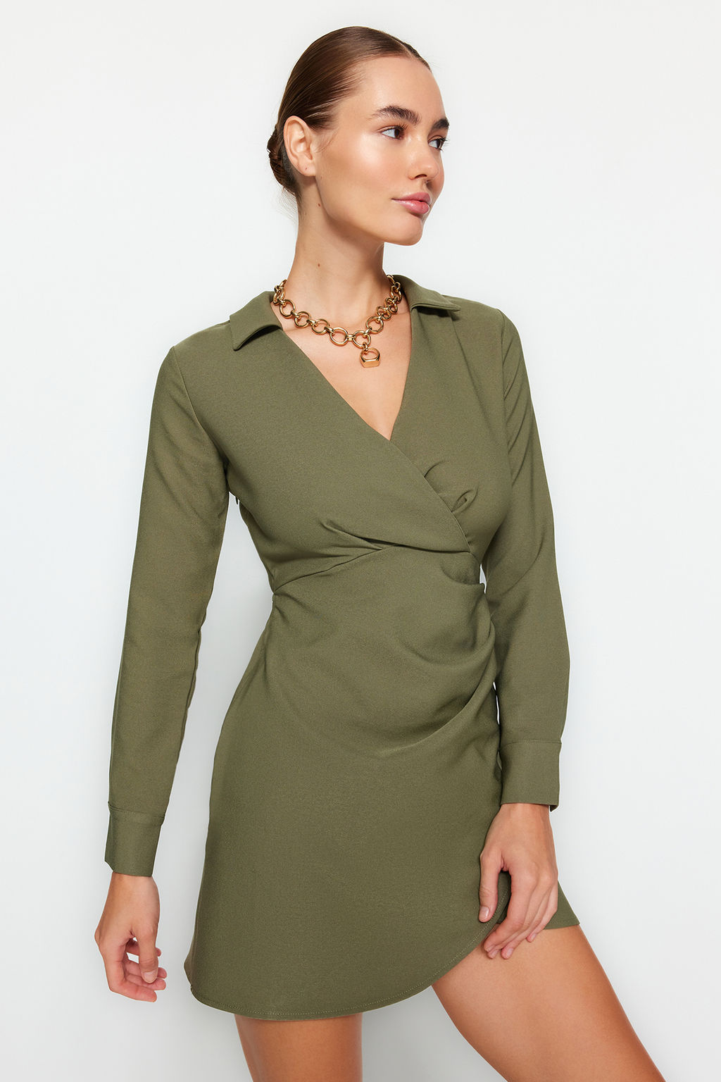 TRENDYOLMILLA Haki Kruvaze Dokuma Elbise TWOAW24EL00737  фото 3