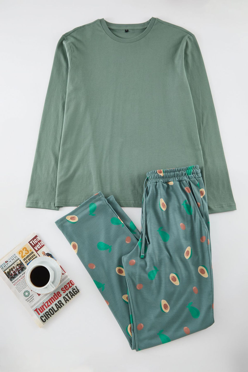 TRENDYOL MAN Mint Bask?l? Regular Fit Orme Pijama Tak?m? TMNAW25PT00037