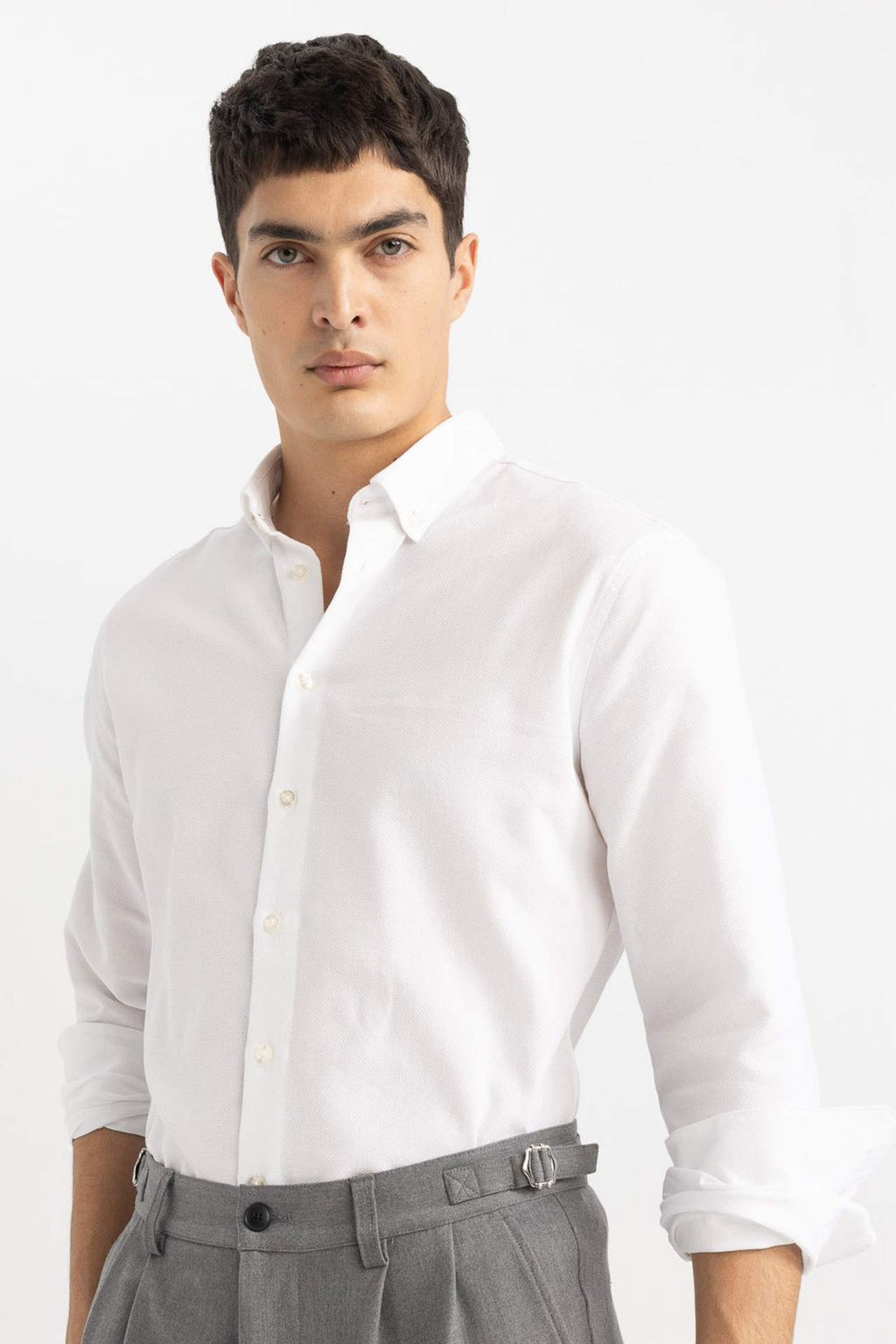 Siyah Modern Fit Polo Yaka Petek Dokulu Basic Duz Uzun Kollu Gomlek - Defacto фото 2