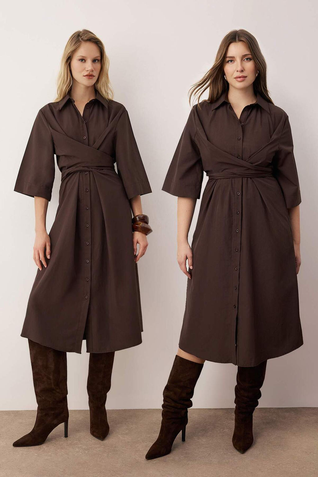 Vucut Secmeyen Koyu Kahverengi Bel Kusak Detayl? Dokuma Elbise TWOAW26EL00243