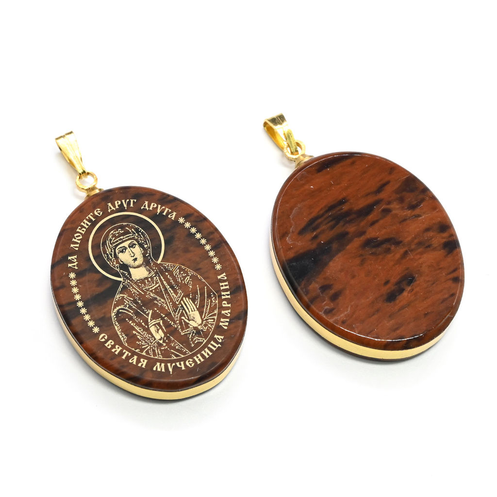 Кулон из обсидиана овал с окантовкой " Св.Марина " 20*30мм